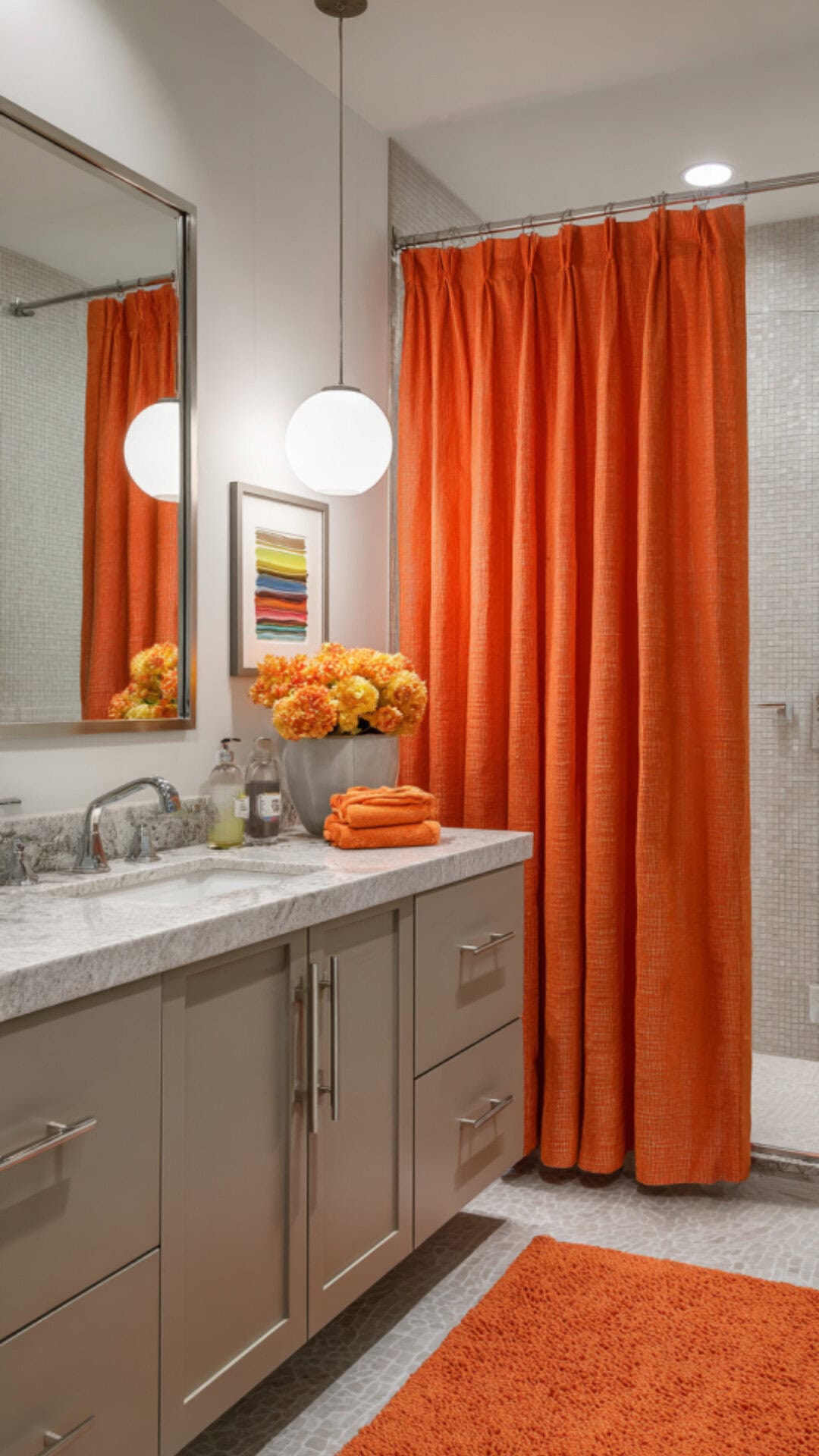 10. Orange Shower Curtain Bathroom with Bold Energy