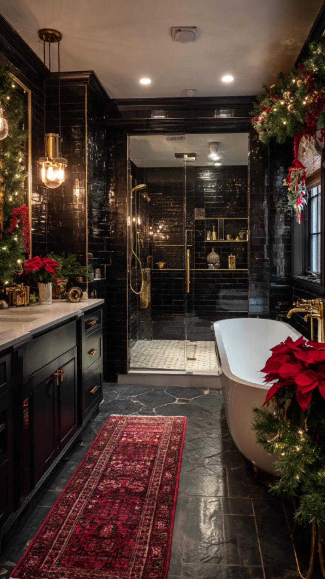 10. Black Christmas Bathroom with Bold Seasonal Contrast