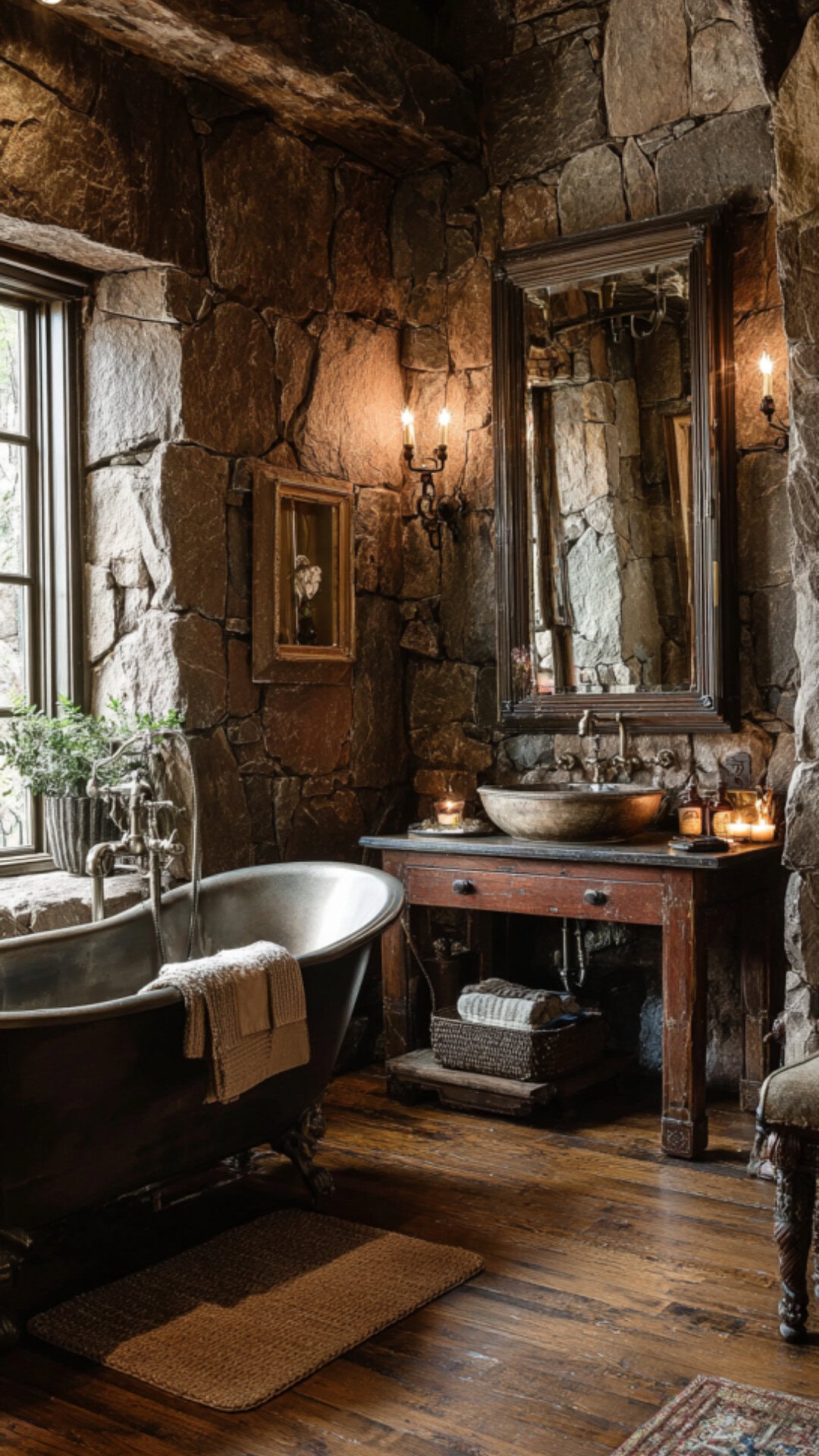 10. Brown Stone Bathroom with Rustic Richness