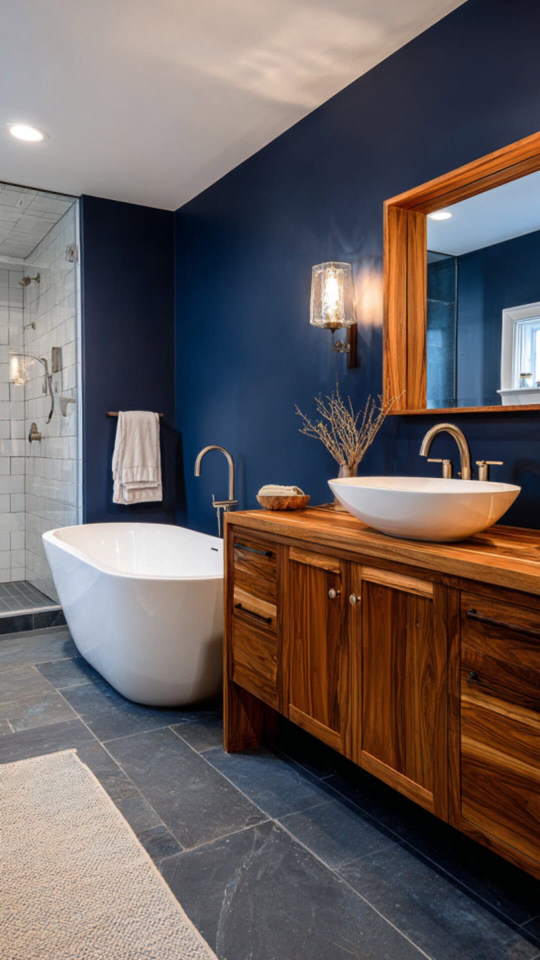 10. Navy Blue and Wood Bathroom with Natural Warmth