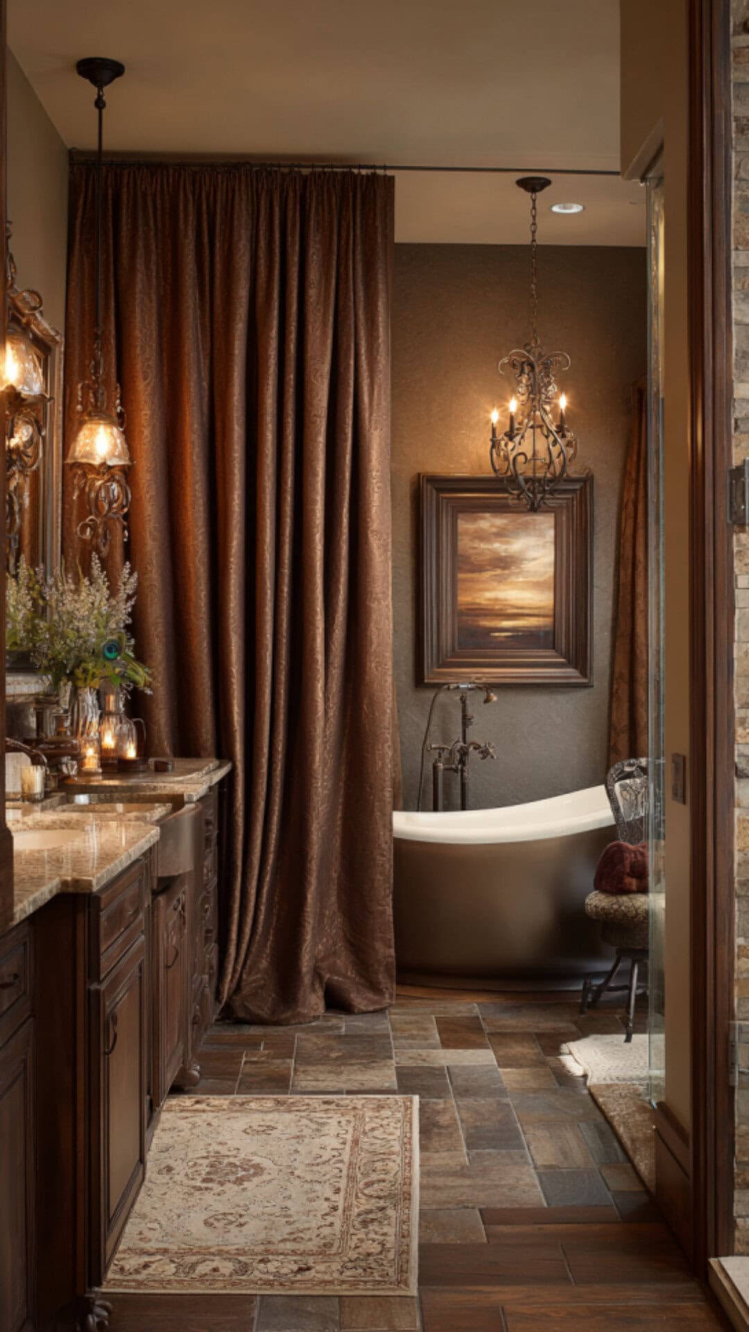 10. Brown Bathroom Curtain for Earthy Comfort
