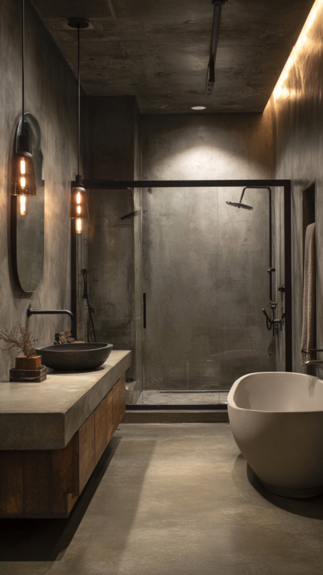 10. Grey Industrial Bathroom with Neutral Harmony