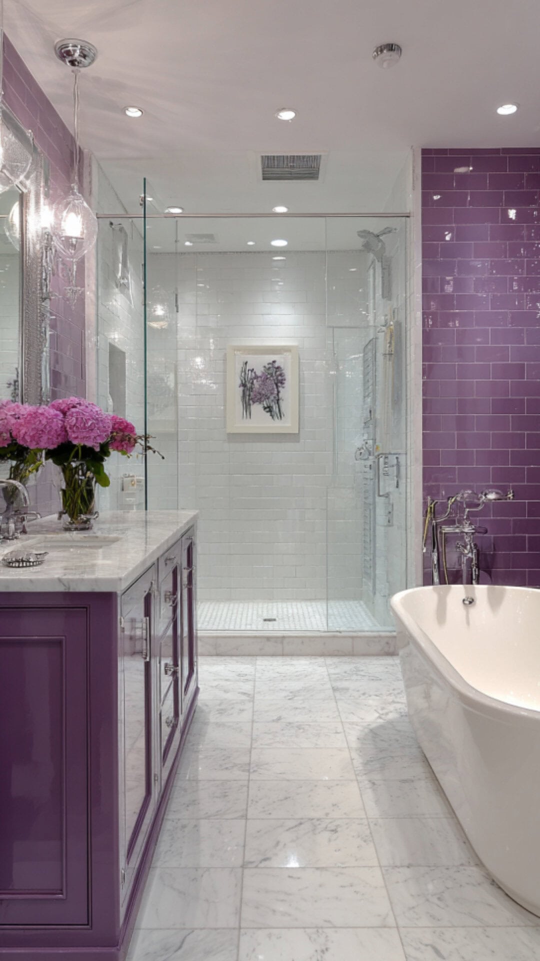 10. White and Purple Bathroom with Bright Balance