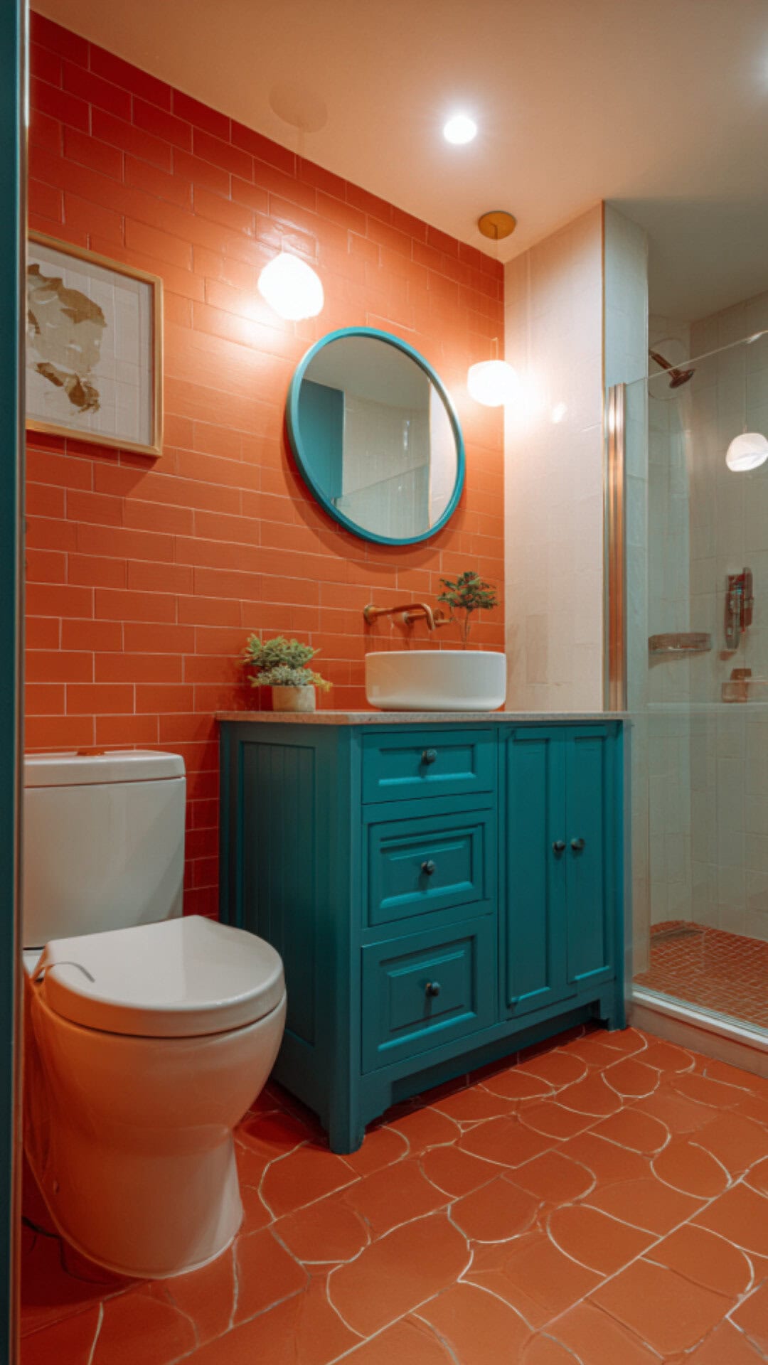 Orange and Teal Bathroom