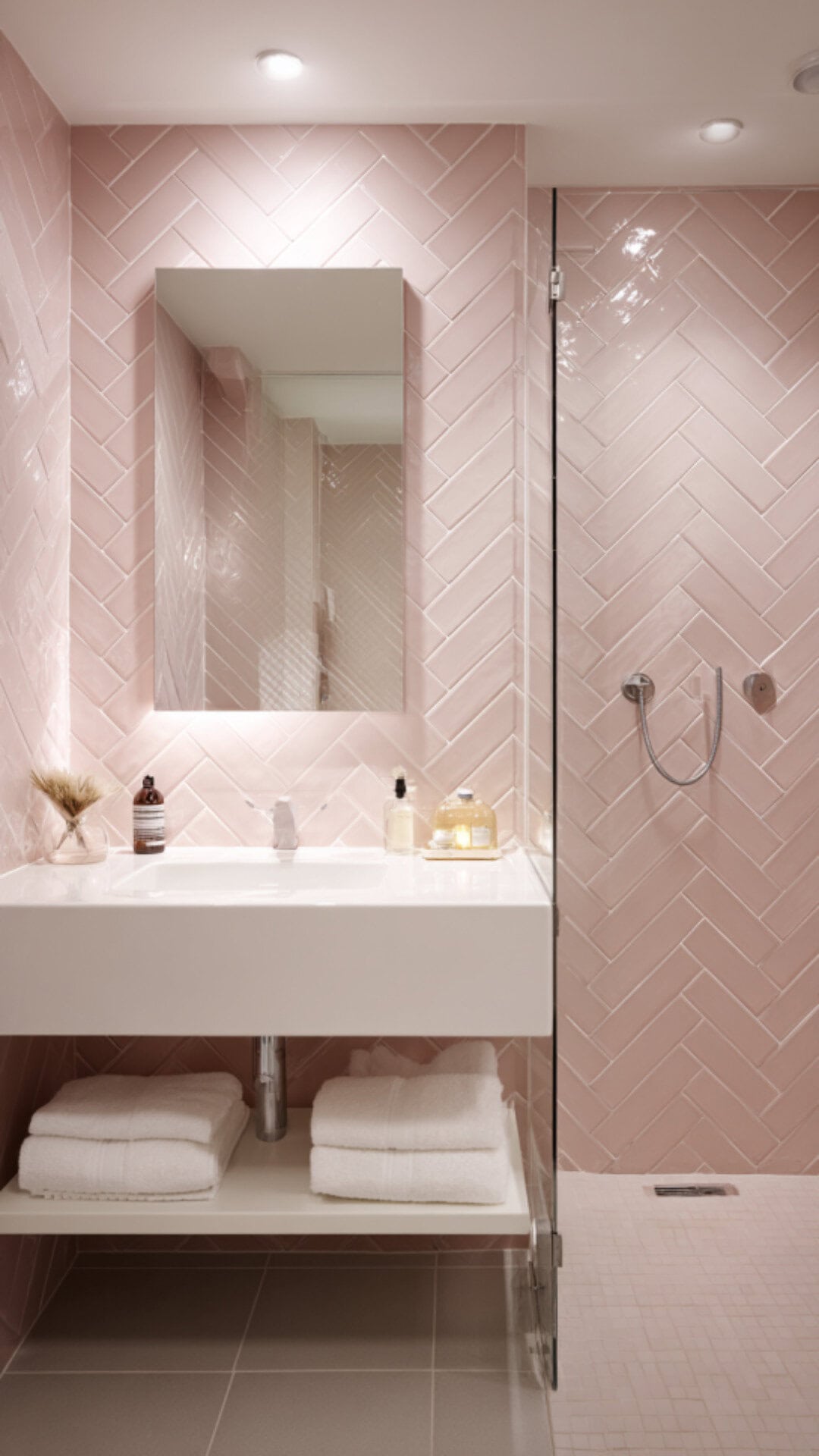 Herringbone Tile Bathroom Pink