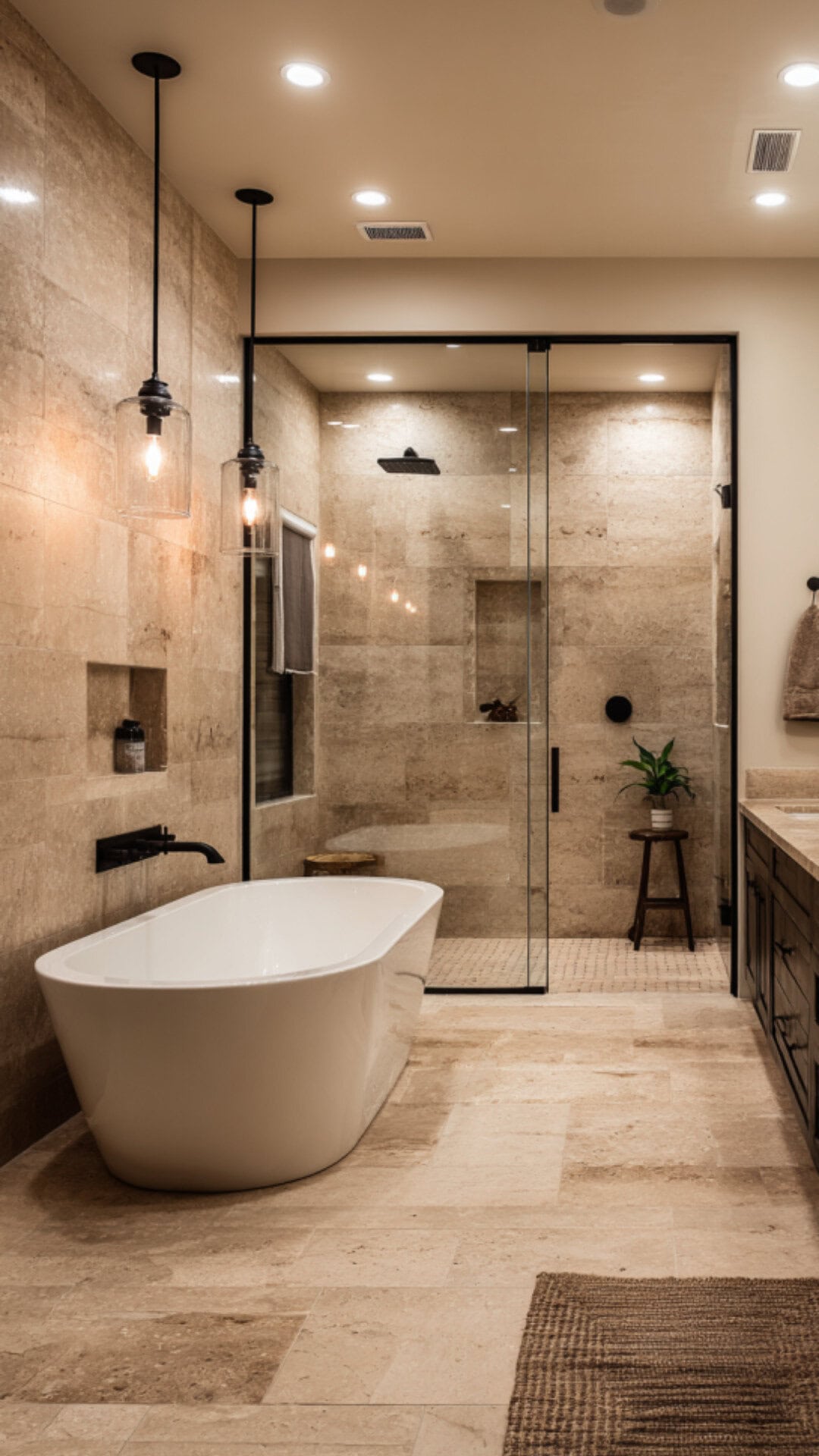 10. Black and Travertine Contrast in a Bathroom