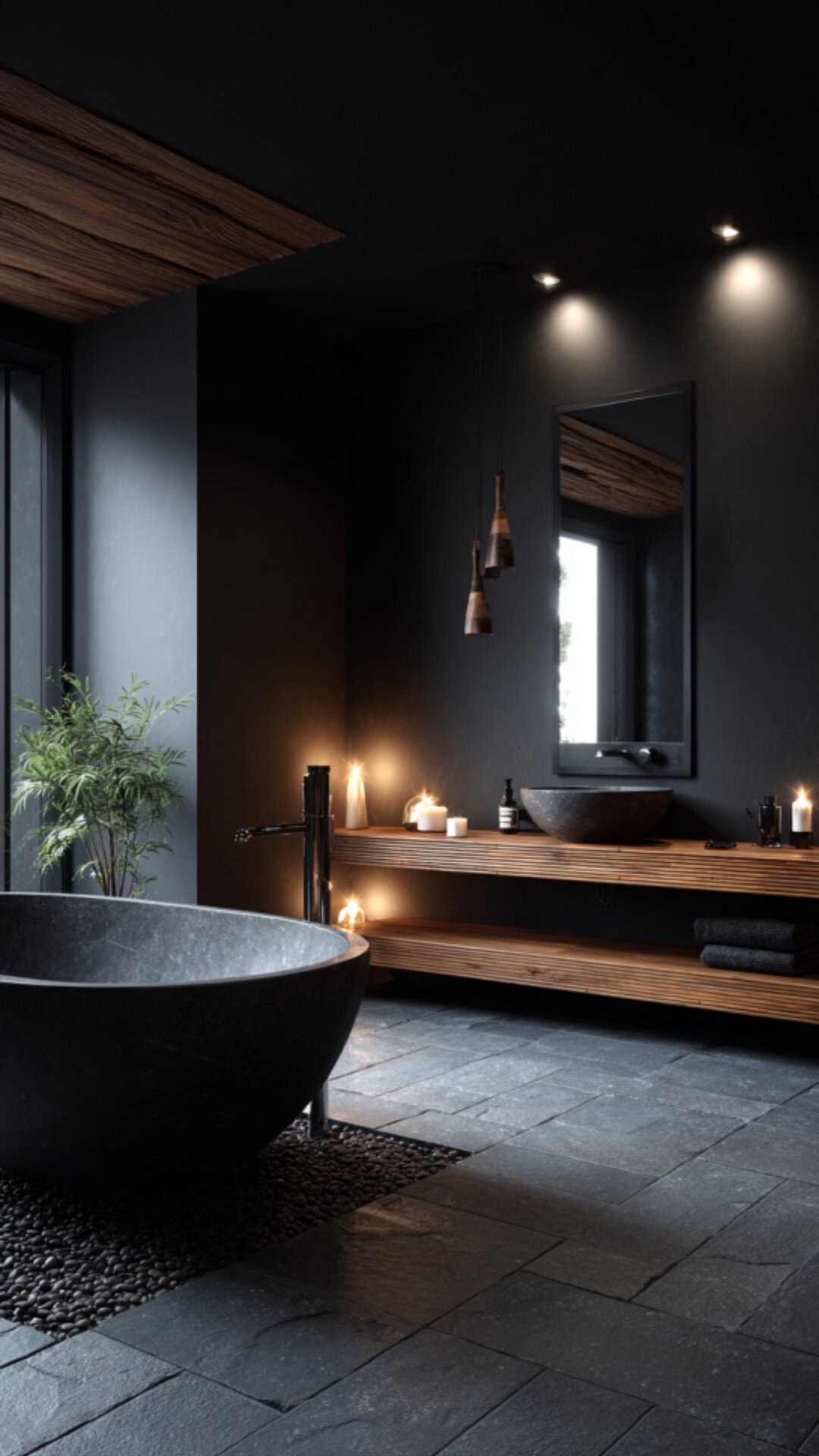 10. Black Japanese Bathroom with Striking Minimalism