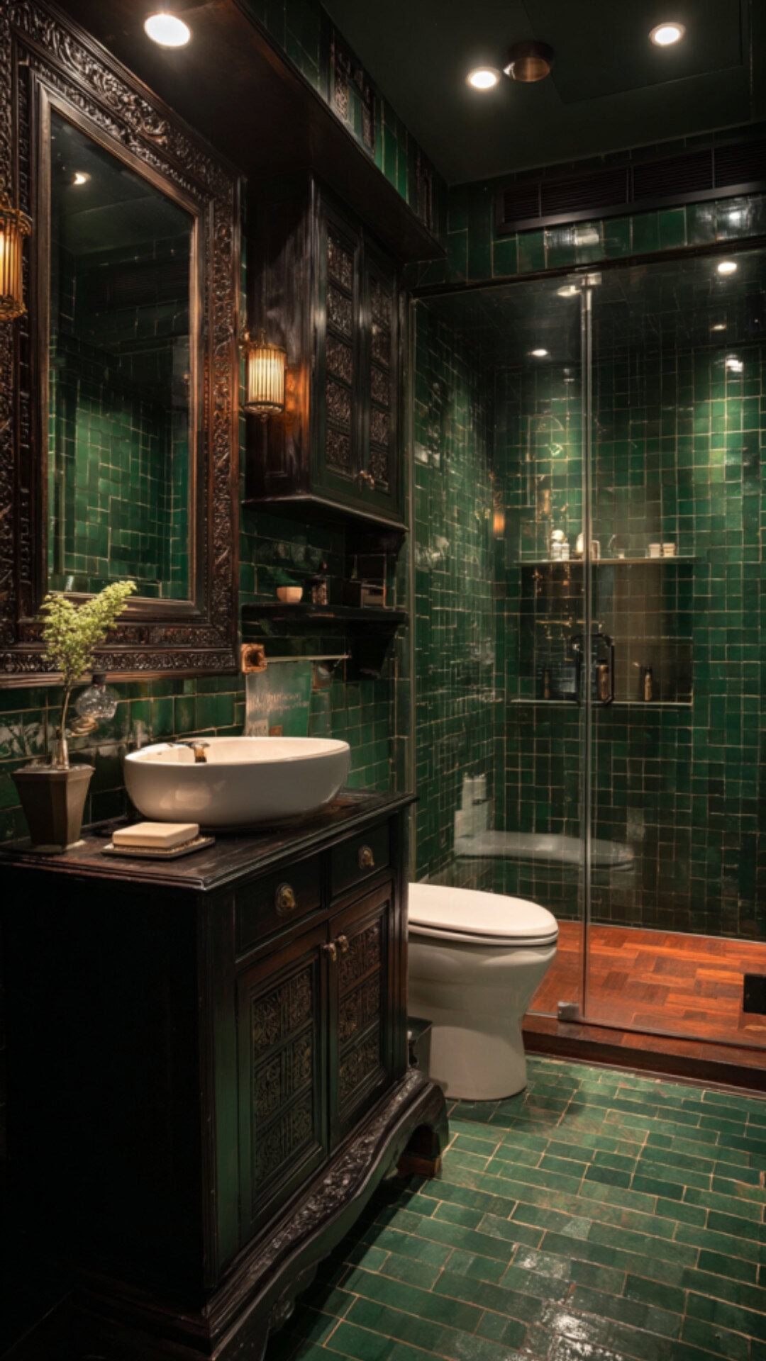 Dark Green and Dark Wood Bathroom