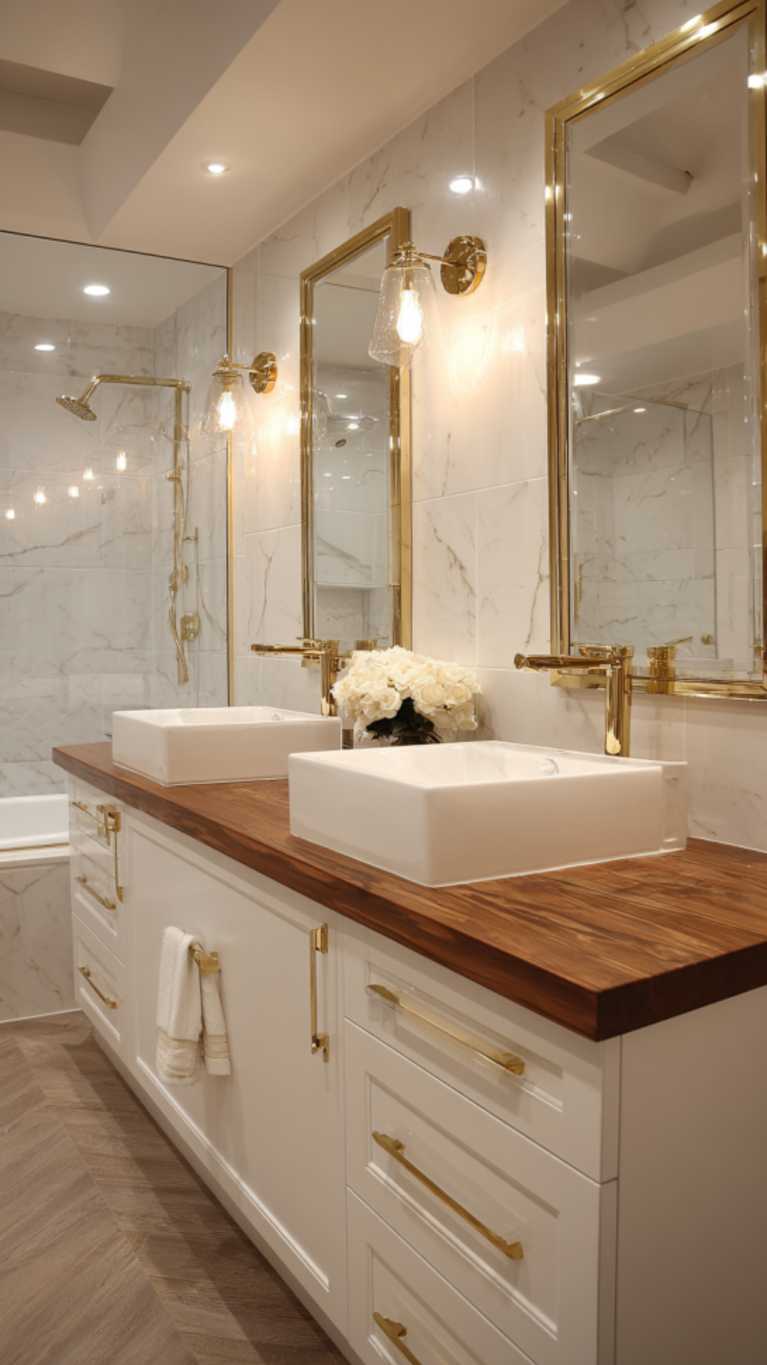 10. Gold Double Sink Vanity Bathroom with Glamorous Detail