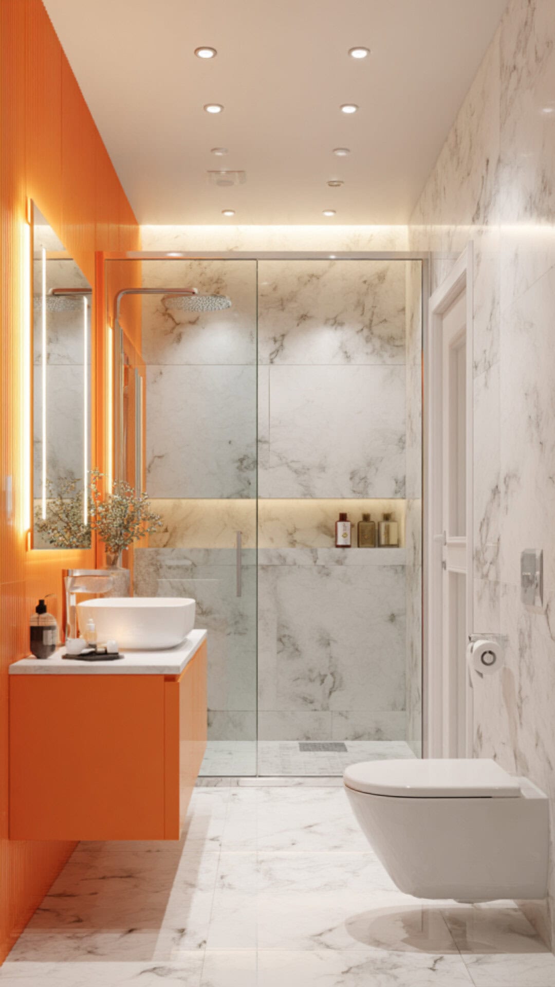Orange and Marble Bathroom