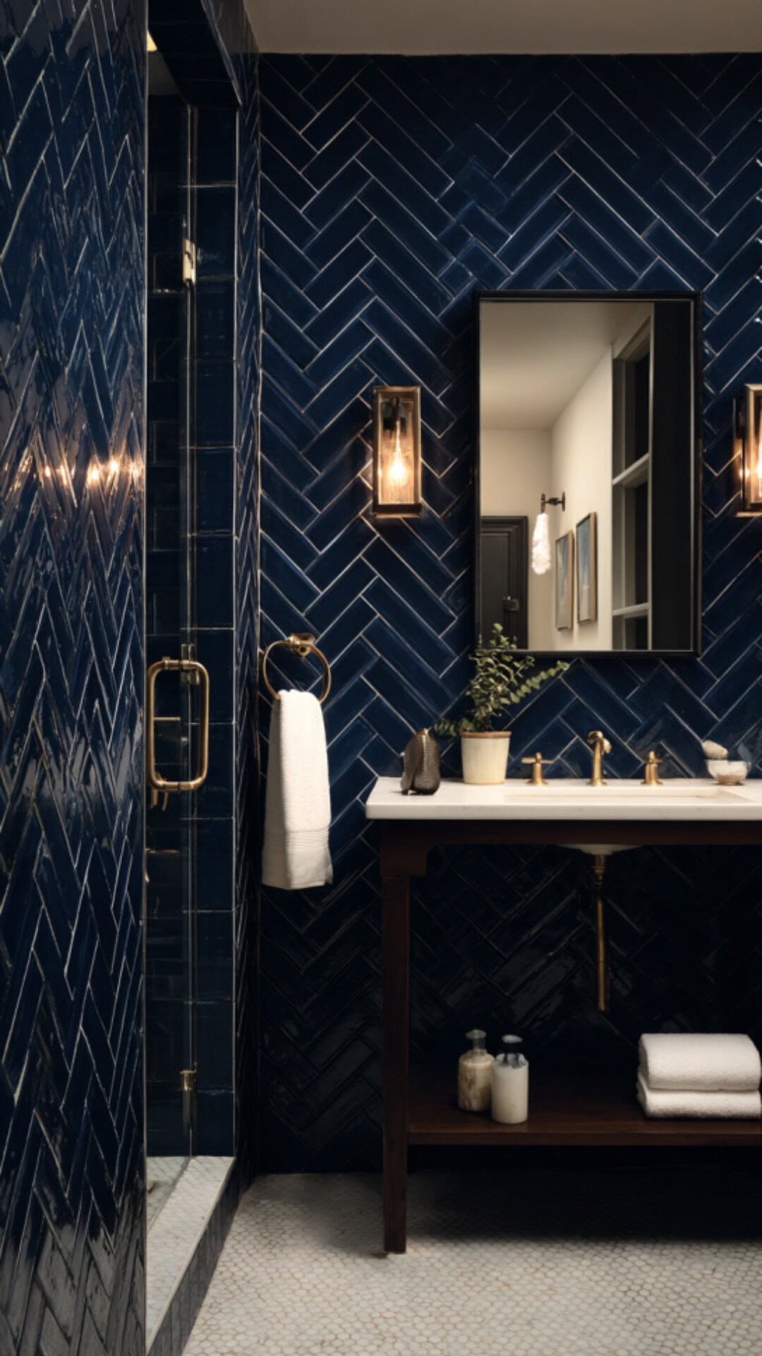Herringbone Tile Bathroom Dark Blue