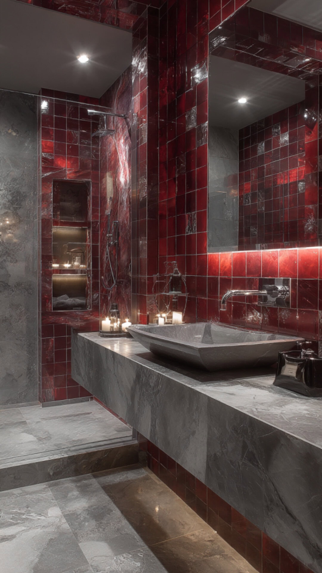 11. Red and Grey Bathroom for Subtle Balance