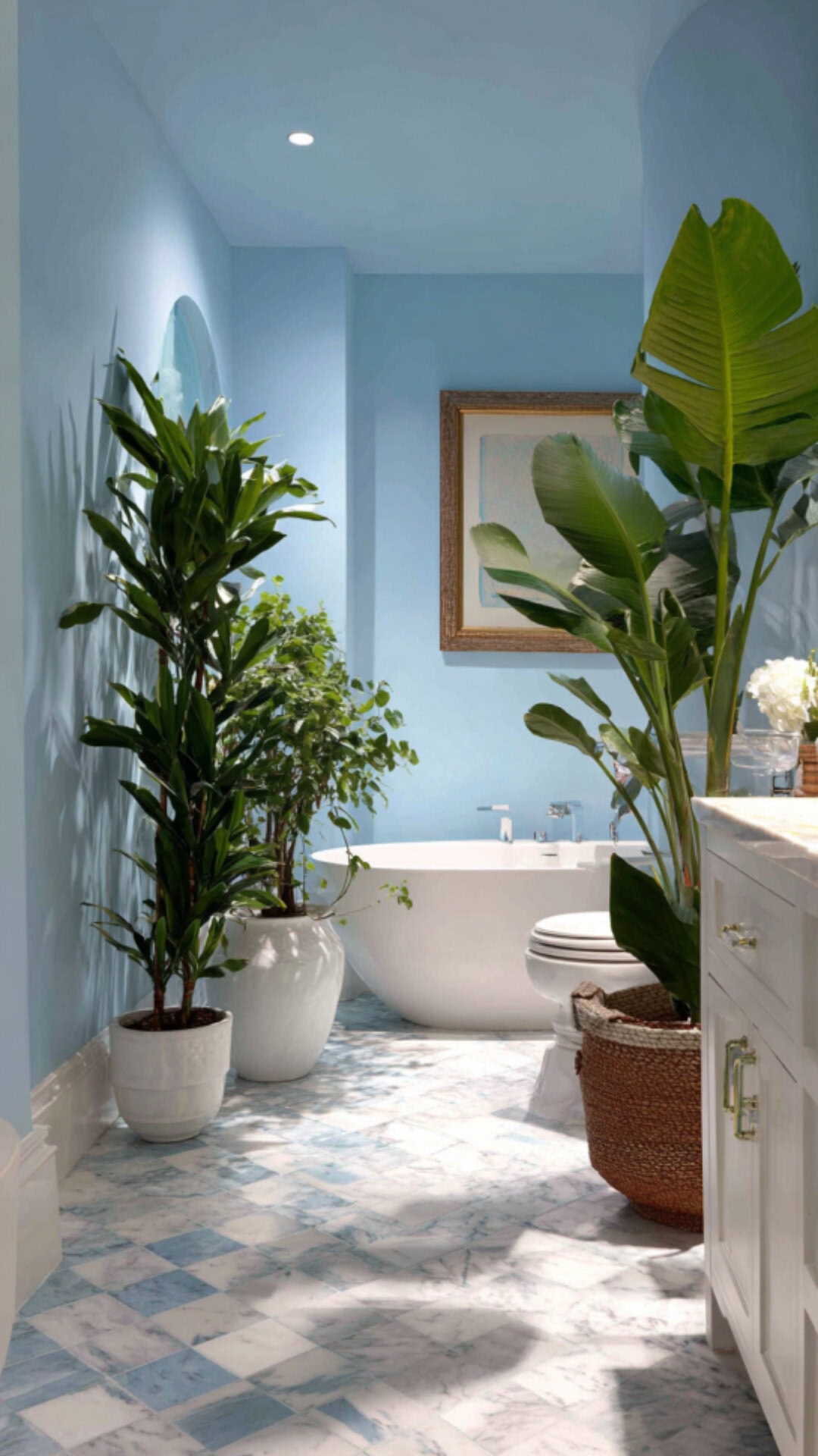 11. Blue Bathroom with Plants for a Tranquil Spa Feel