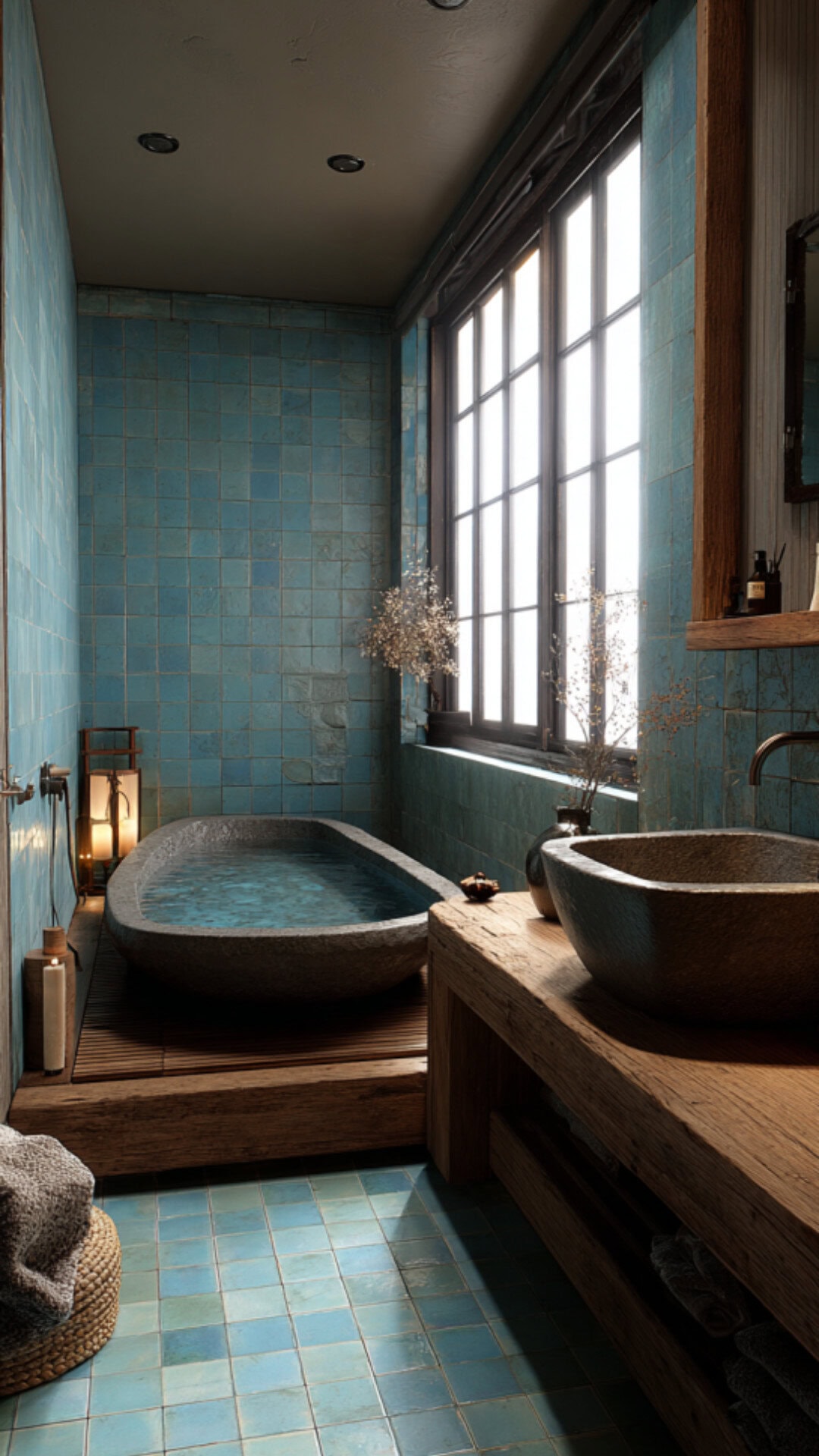 11. Blue Japanese Bathroom with Serene Accents