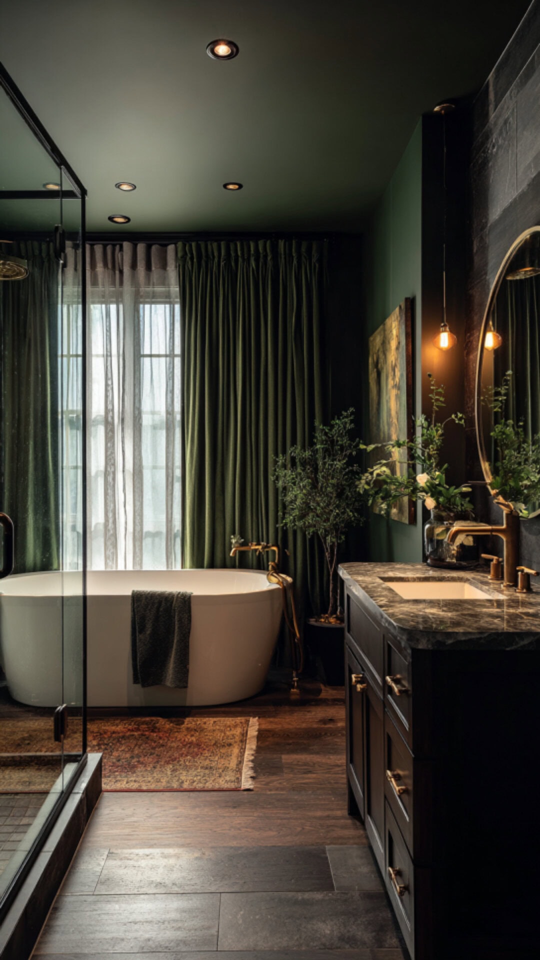 11. Dark Green Bathroom Curtain for Dramatic Depth