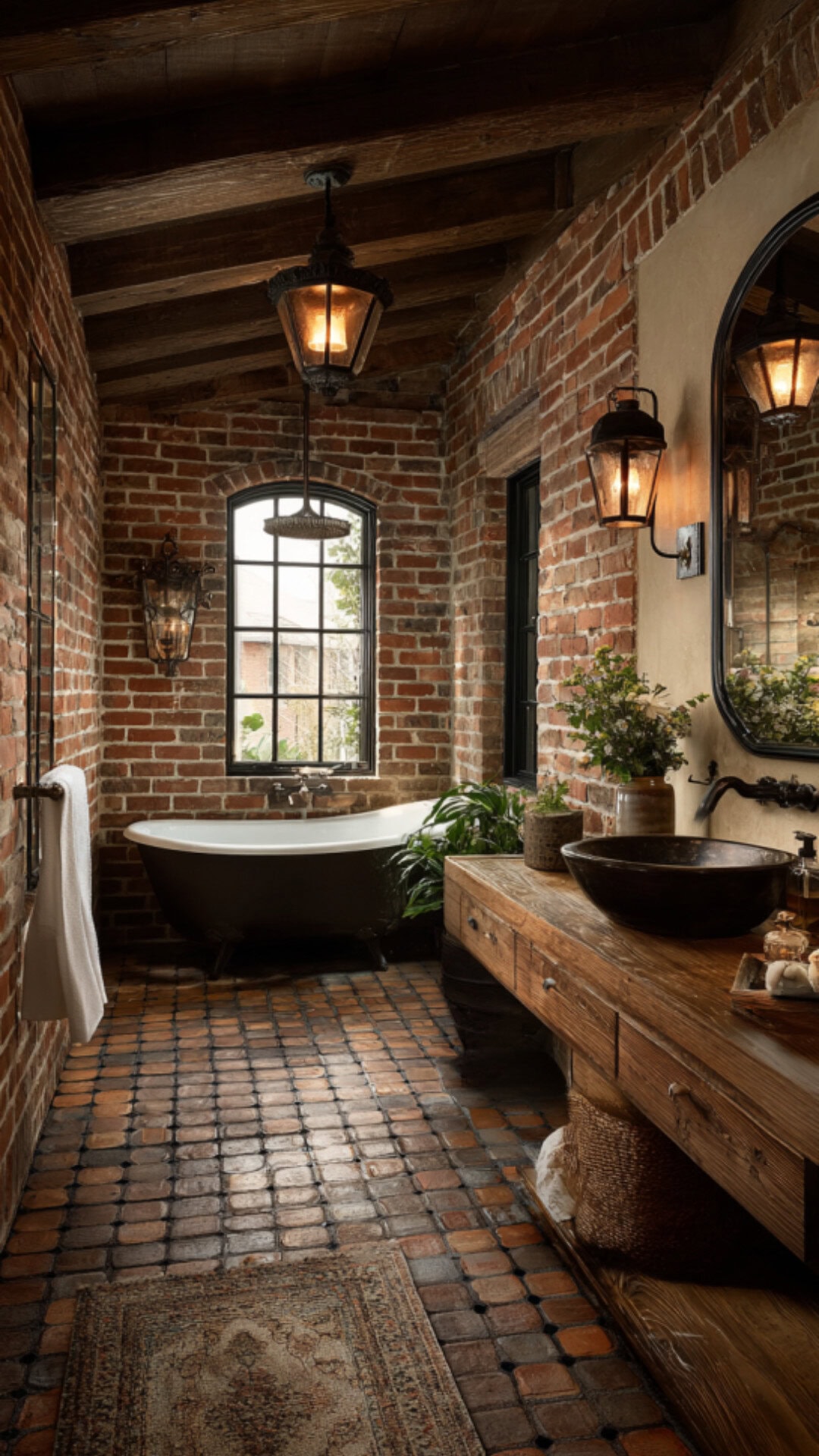 11. Bathroom with Brick Flooring for Vintage Style