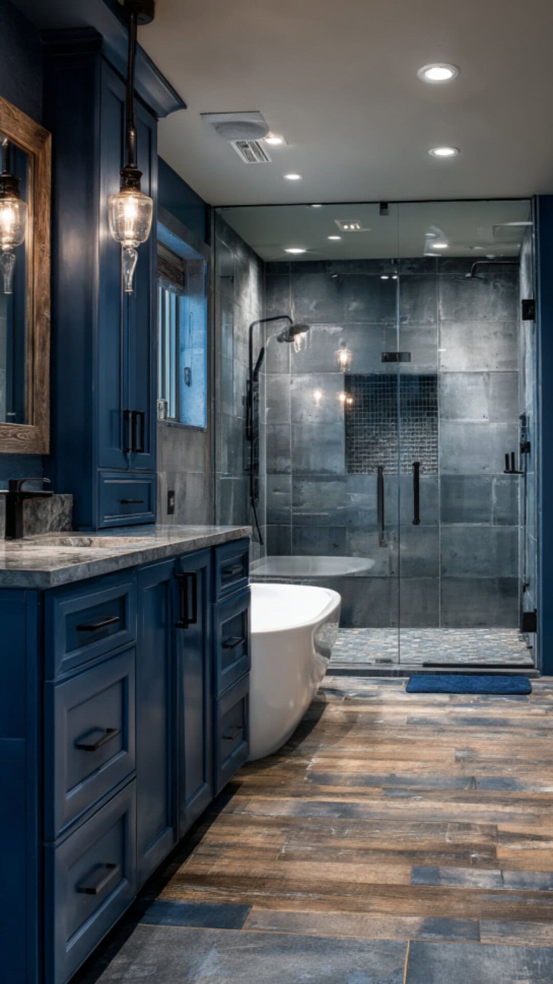 11. Blue Industrial Bathroom with Cool Accents