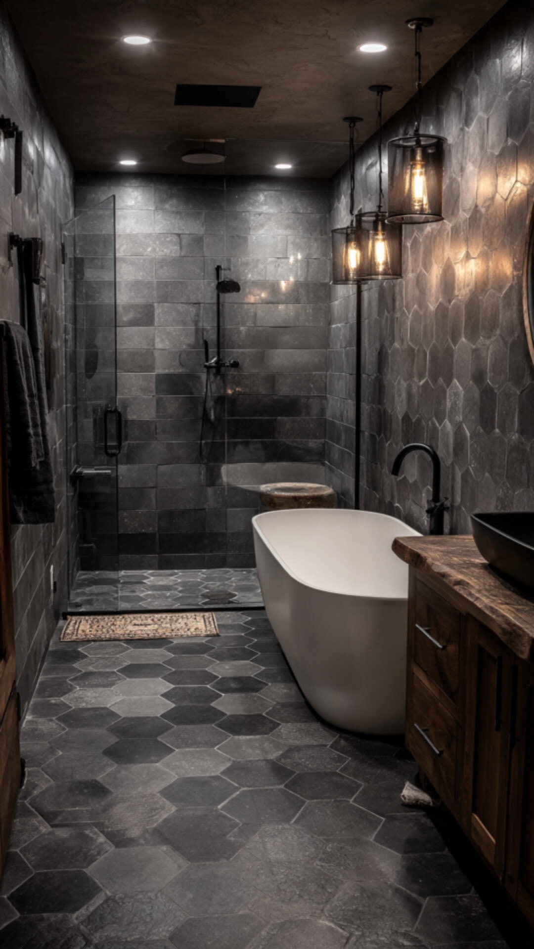 11. Charcoal Hexagon Tile Bathroom with Modern Edge