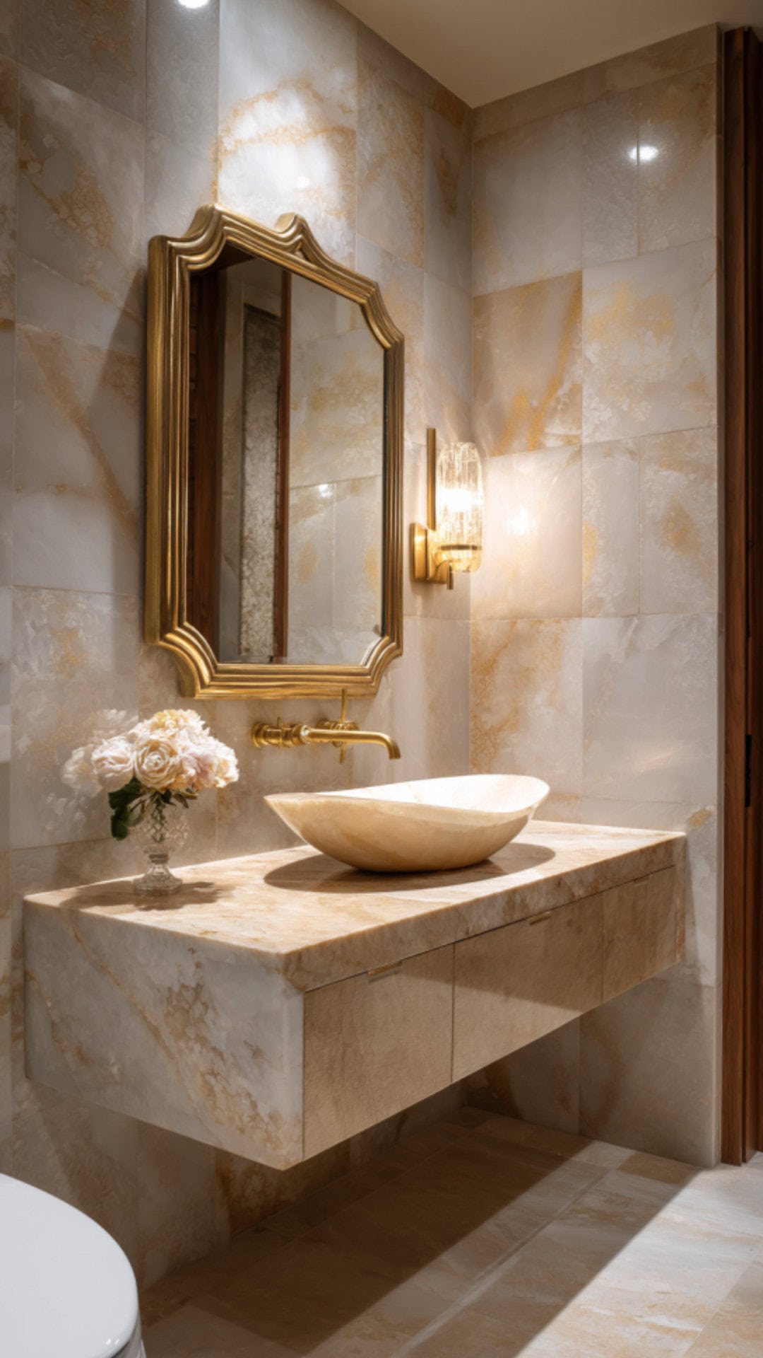 11. Marble Powder Bathroom with Timeless Luxury