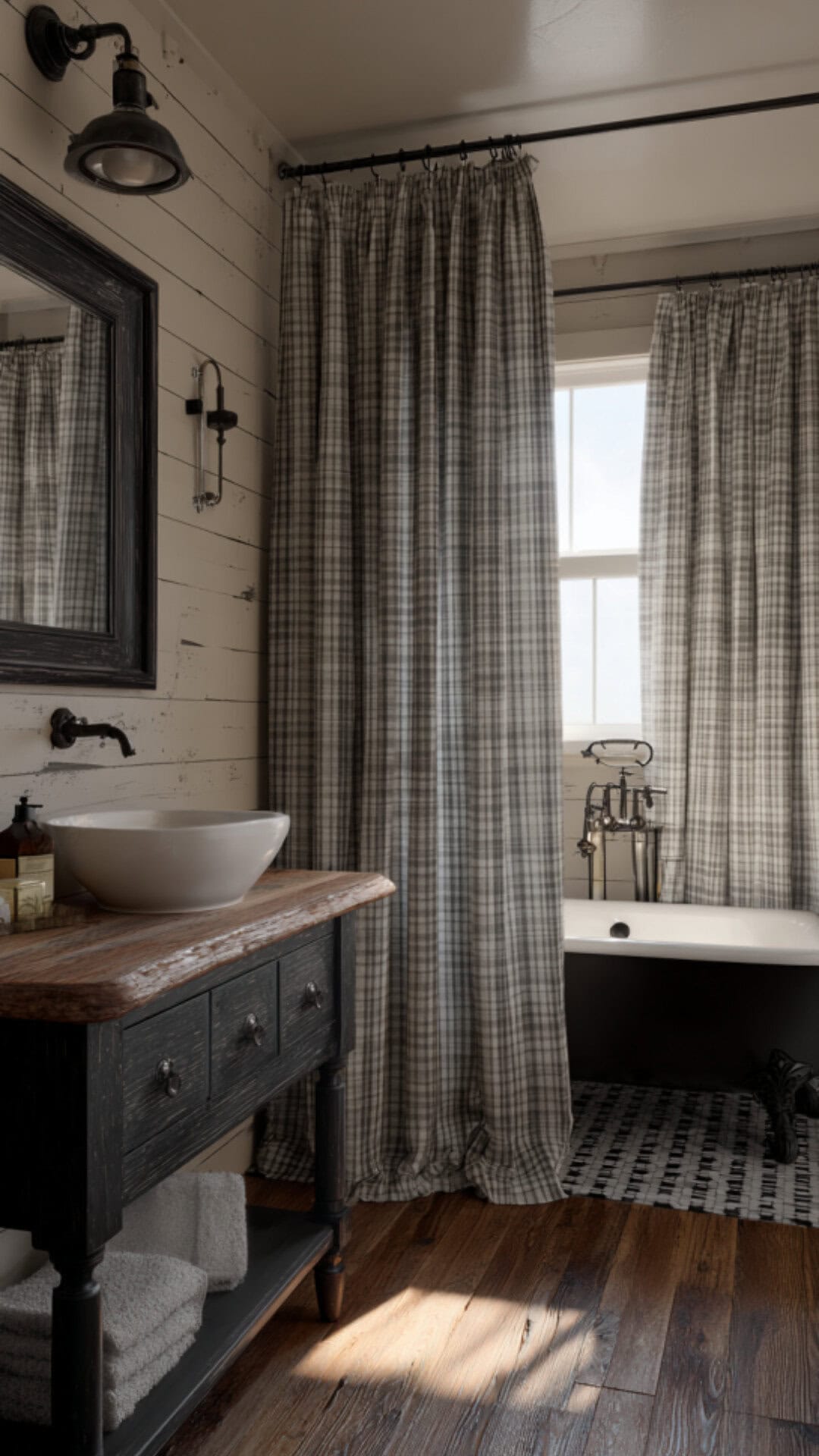 12. Plaid Shower Curtain Bathroom with Cozy Character
