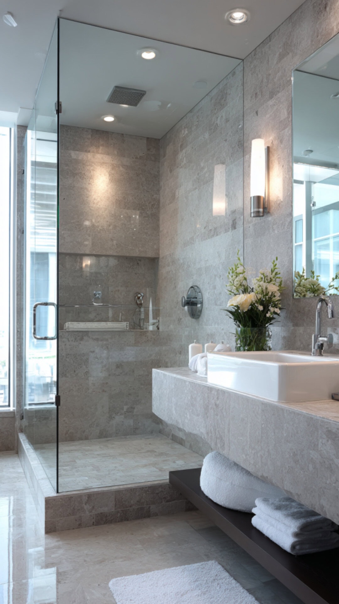12. Modern Stone Bathroom with Sleek Refinement