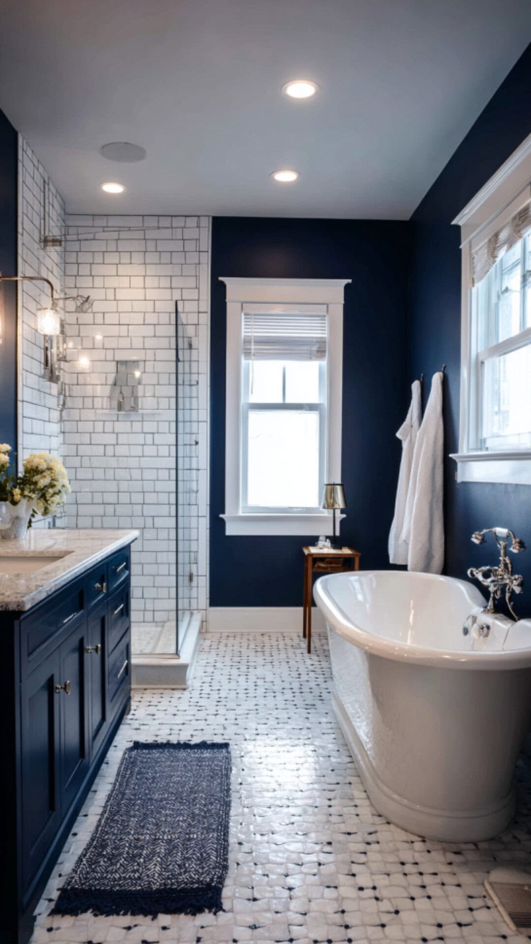 12. Navy Blue and Silver Bathroom with Sleek Style