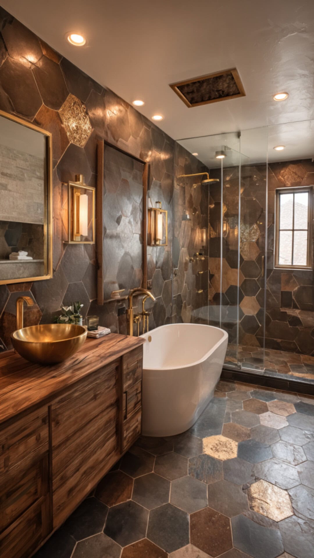 12. Brown Hexagon Tile Bathroom with Earthy Strength