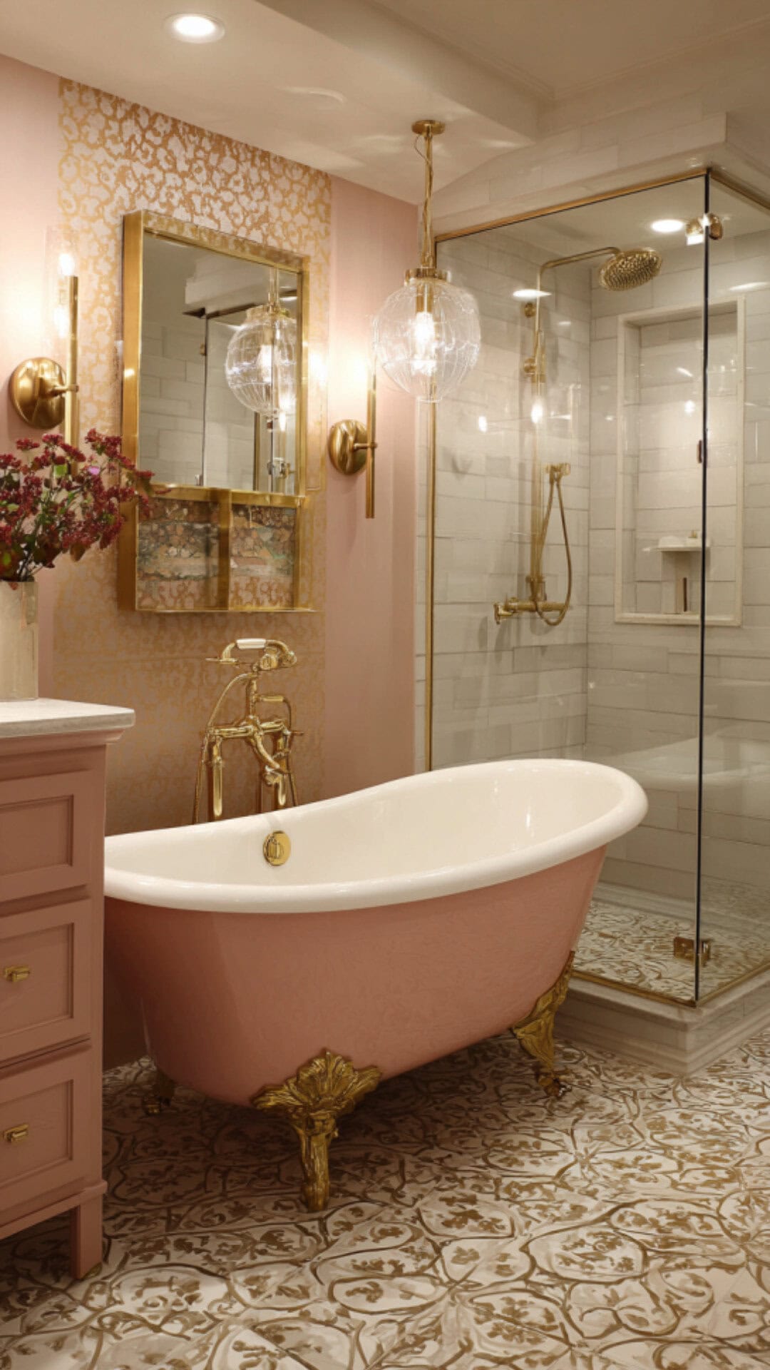 12. Pink Clawfoot Tub Bathroom with Soft Playfulness