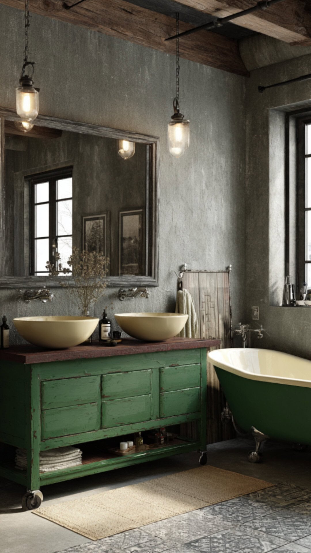 12. Green and Concrete Bathroom with Organic Balance