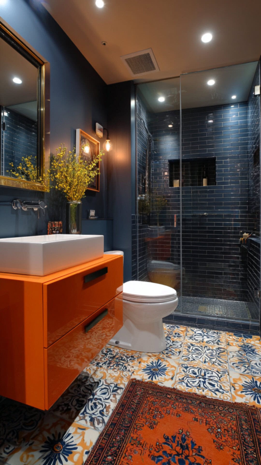 Orange and Navy Bathroom
