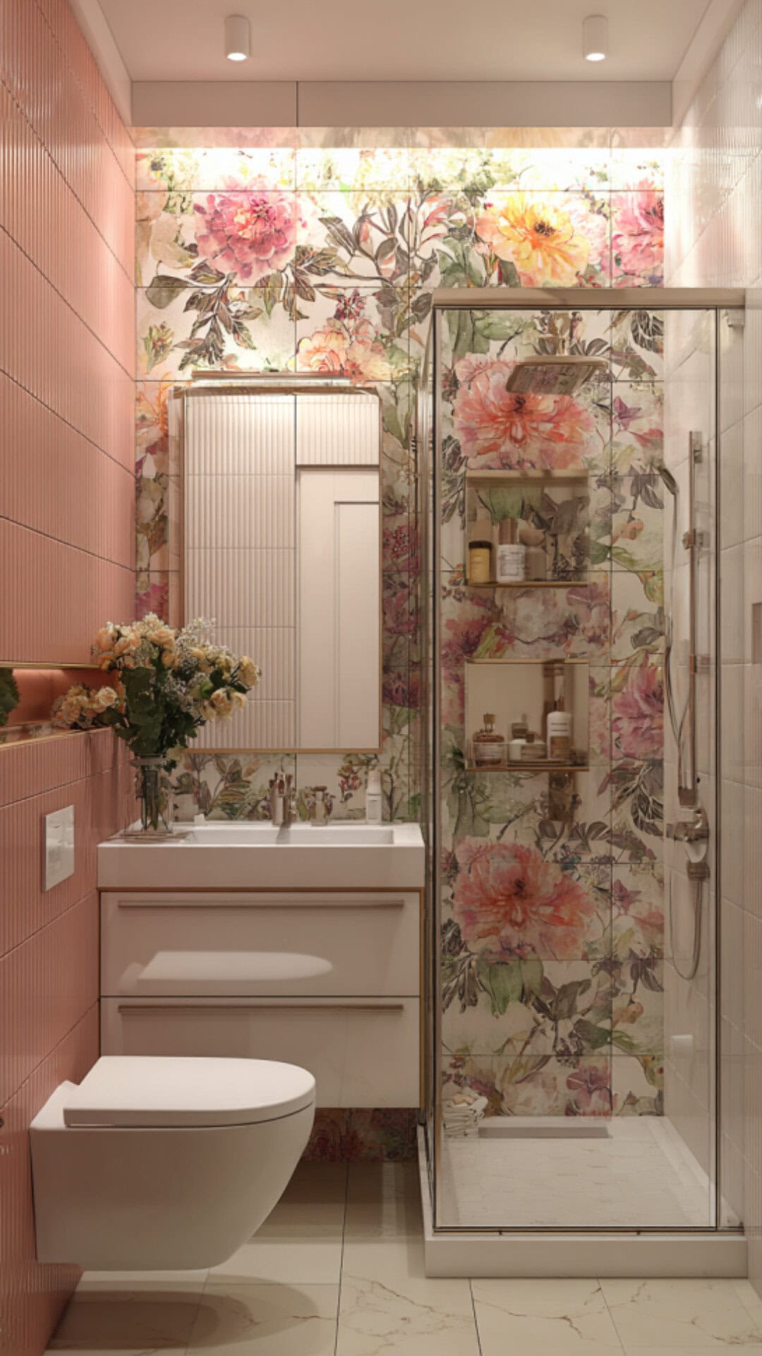 12. Floral Bathroom Shower with Patterned Tiles