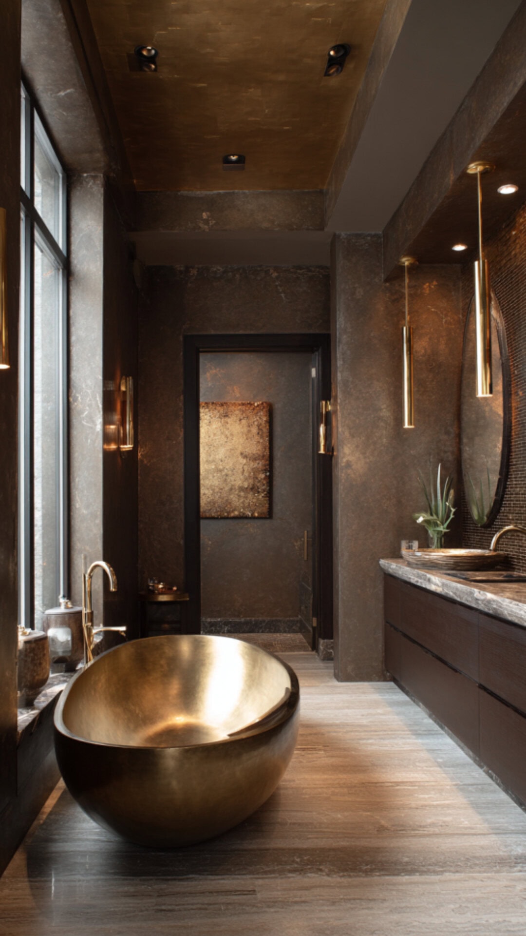 12. Gold Accents in Brown Bathroom