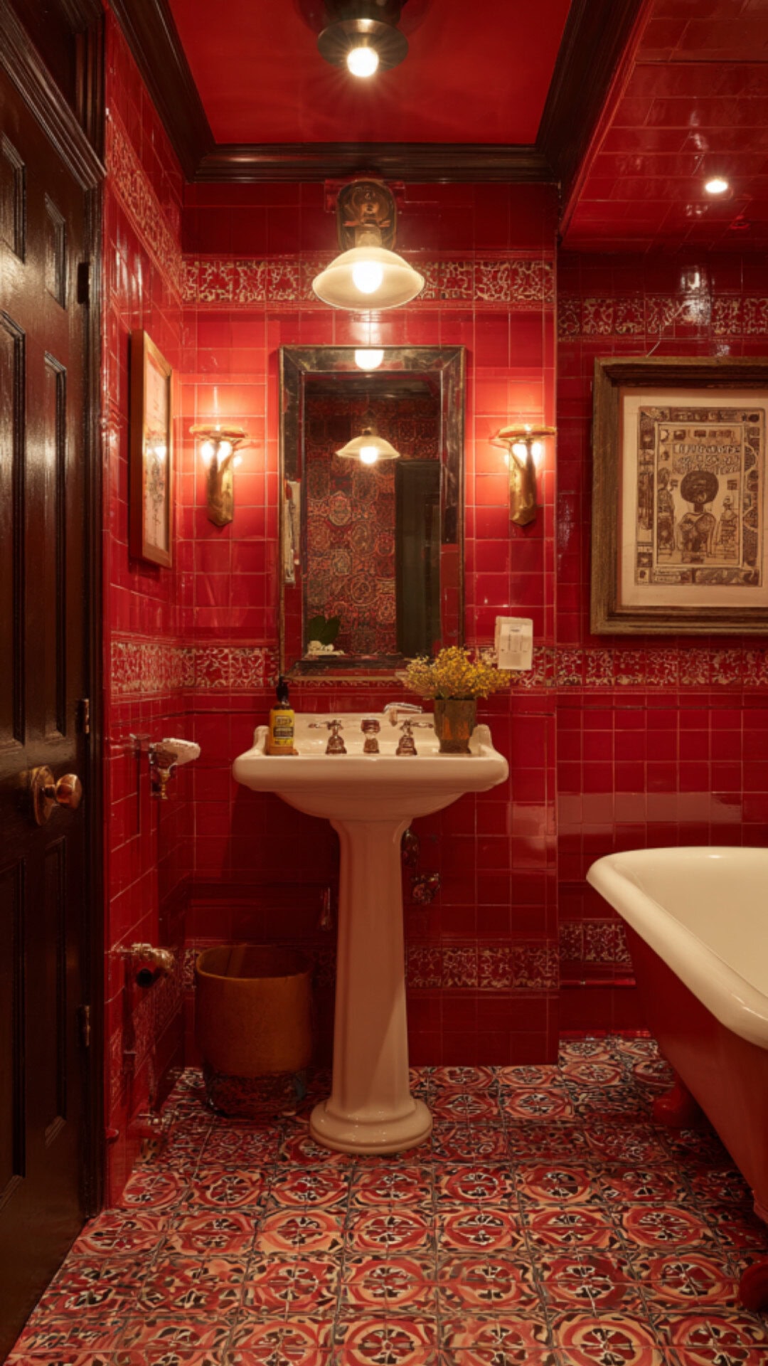 12. Vintage Red Bathroom for Retro Personality