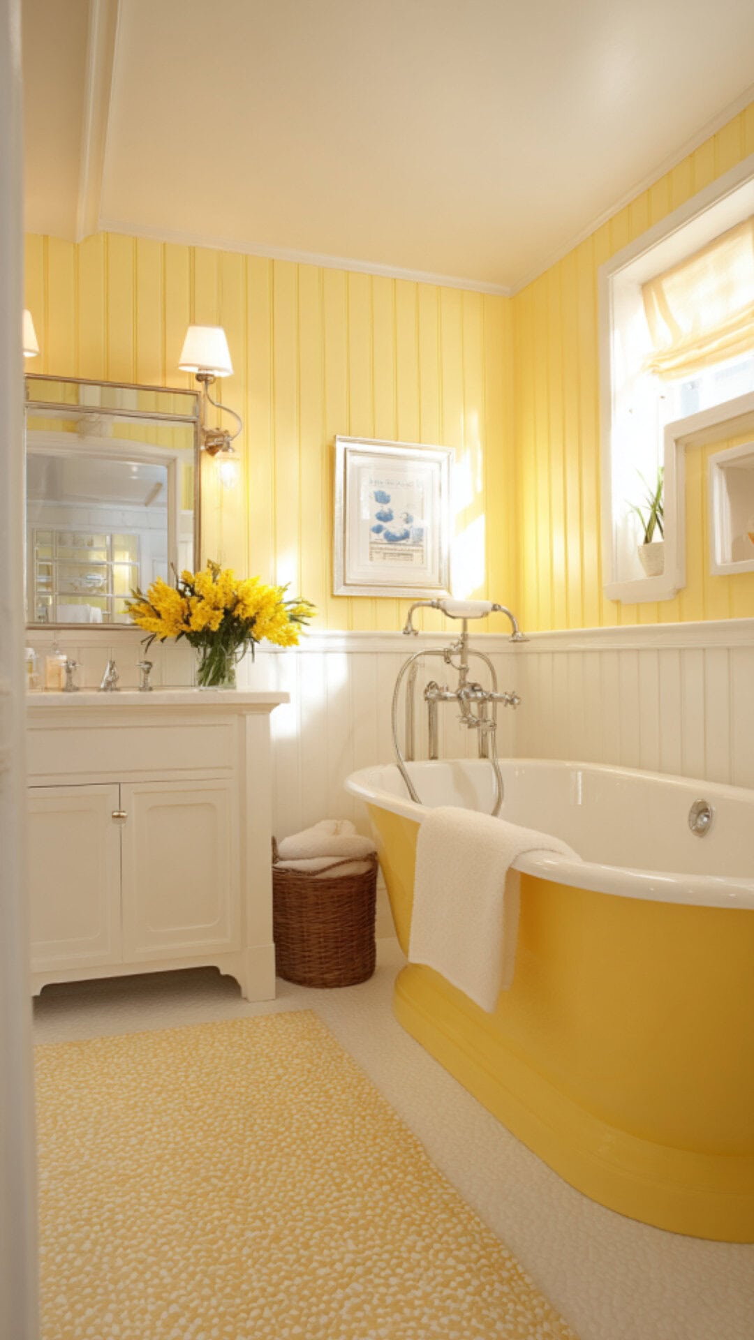 12. Yellow Beadboard Bathroom for Cheerful Energy