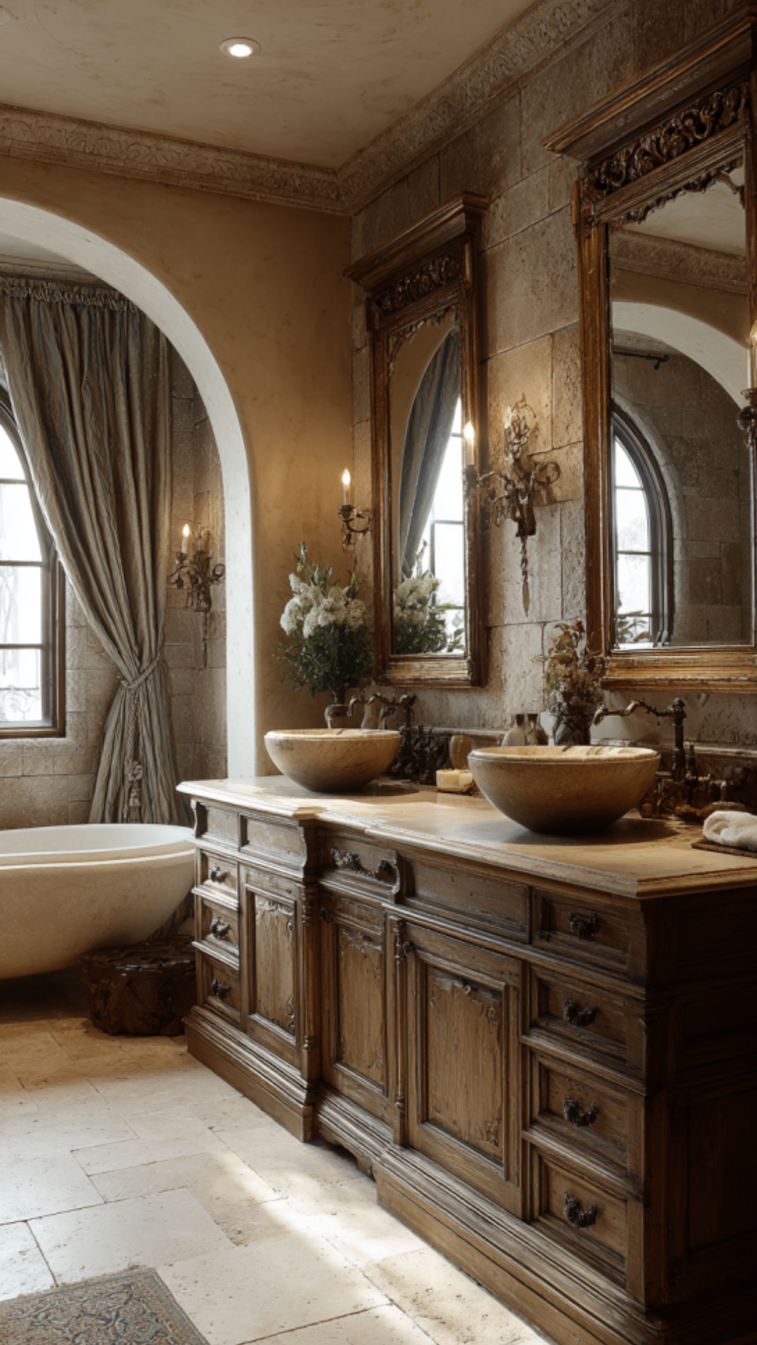 11. French Country Double Sink Vanity Bathroom with Classic Elegance