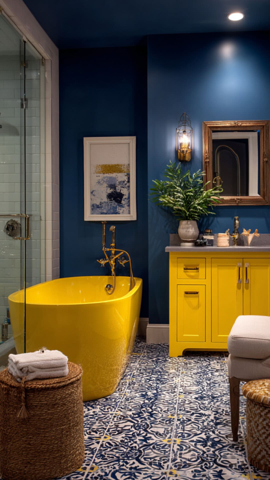 11. Navy Blue and Yellow Bathroom with Vibrant Energy