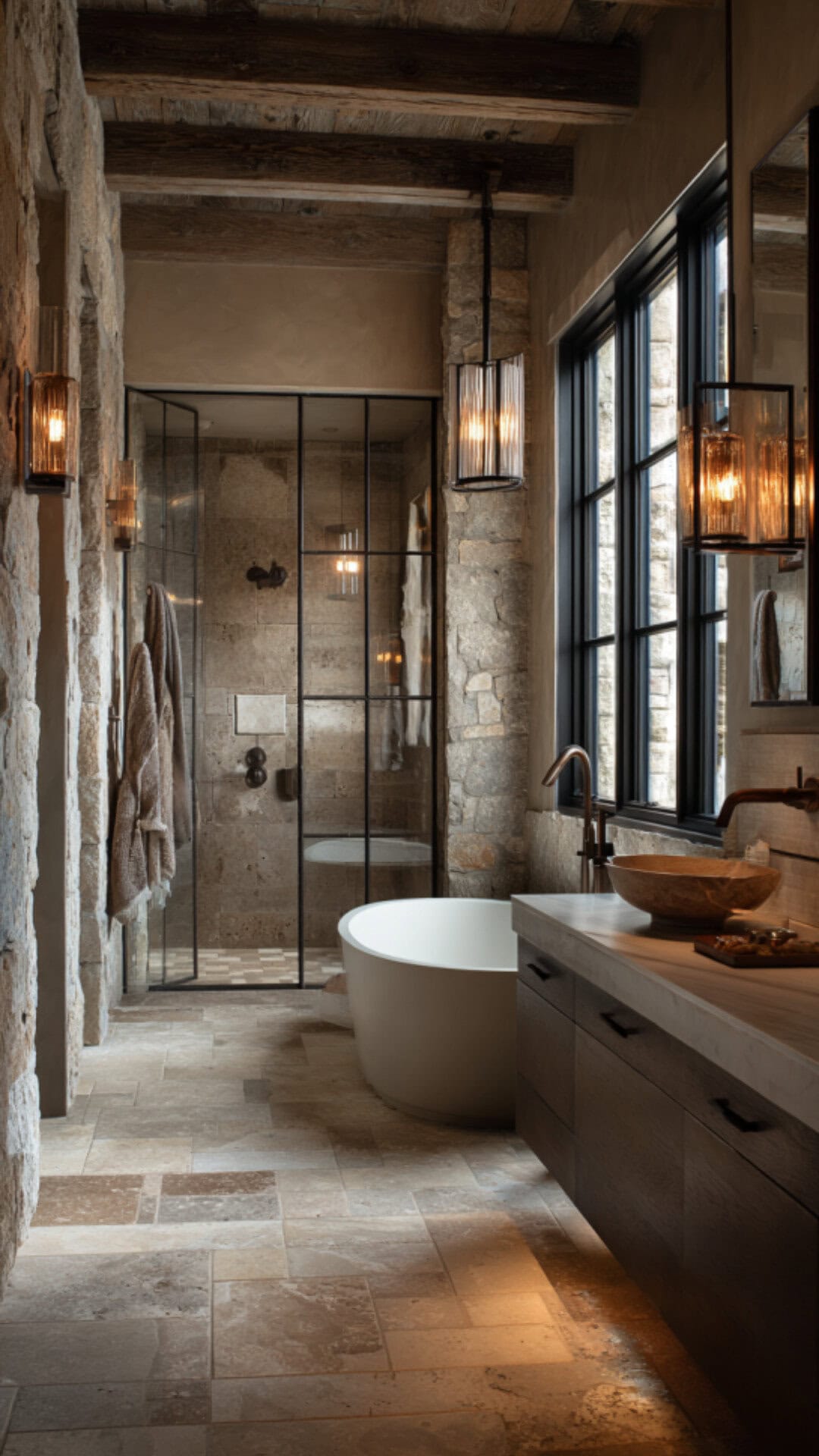 13. Bathroom with Stone Flooring for Natural Strength