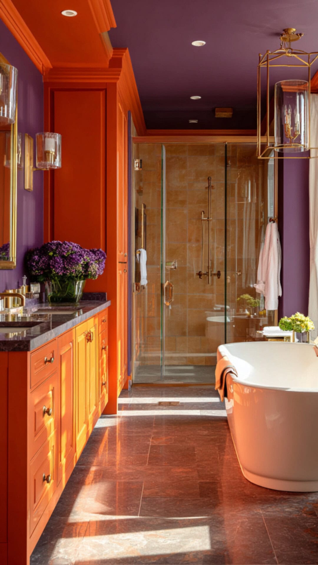 13. Orange and Purple Bathroom with Bold Personality