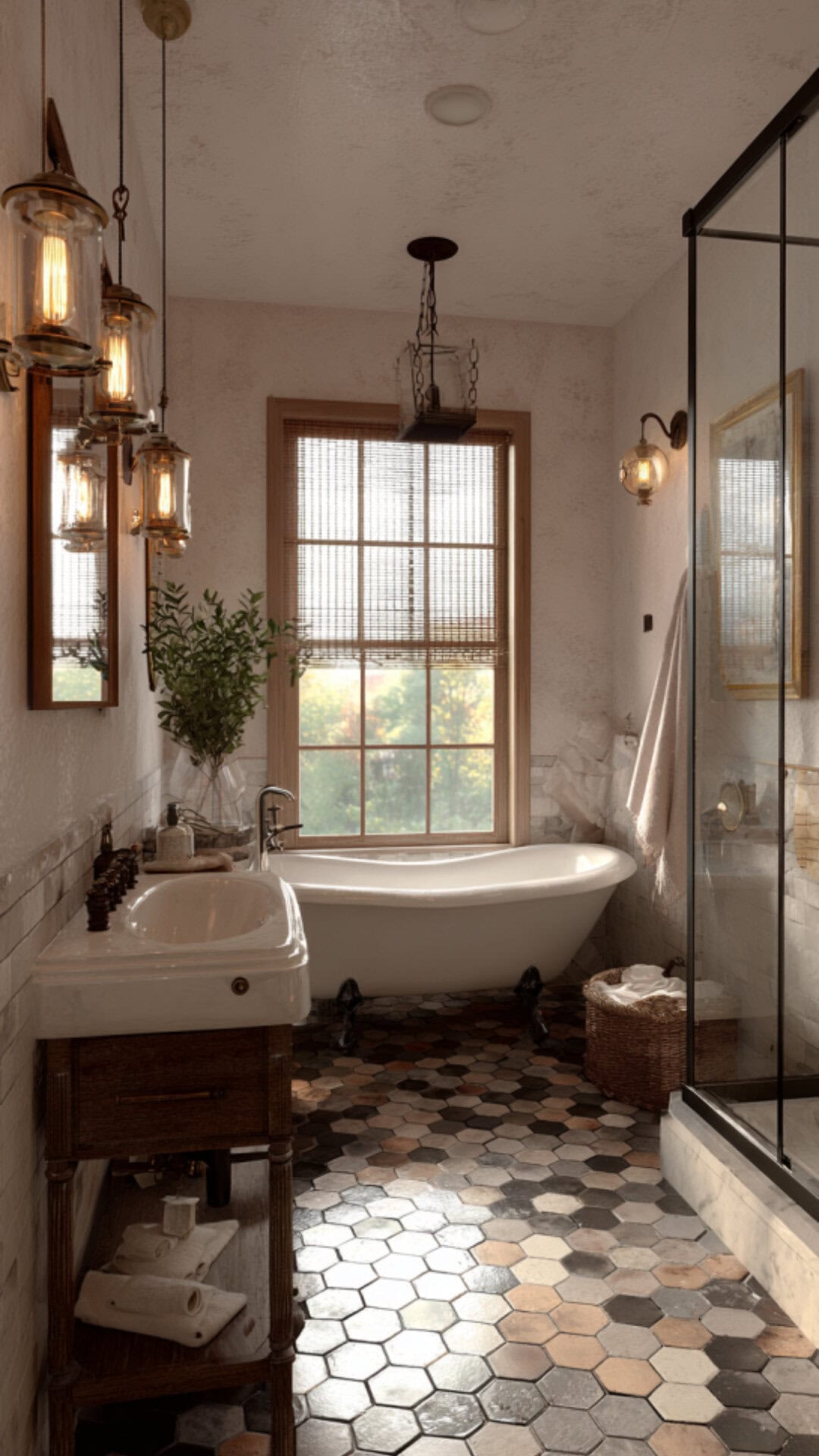 13. Farmhouse Hexagon Tile Bathroom with Rustic Charm
