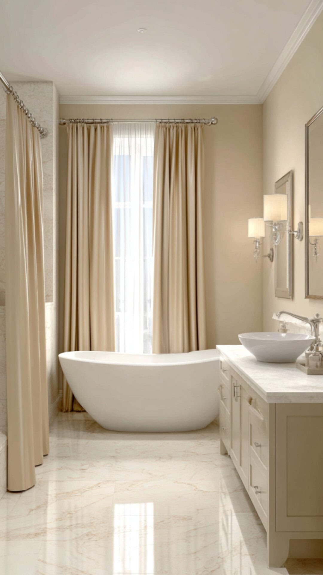 13. Beige Shower Curtain Bathroom with Soft Neutrality