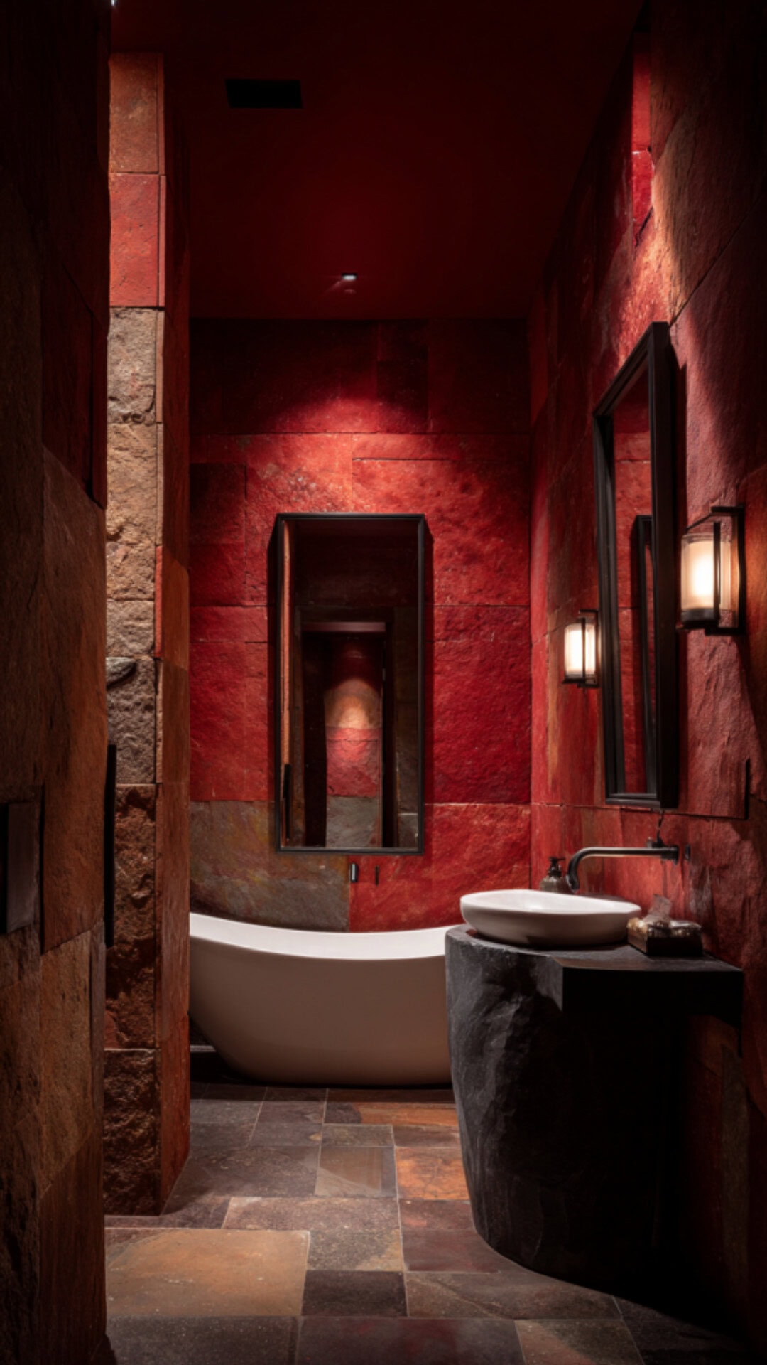 13. Red Stone Bathroom with Unique Boldness