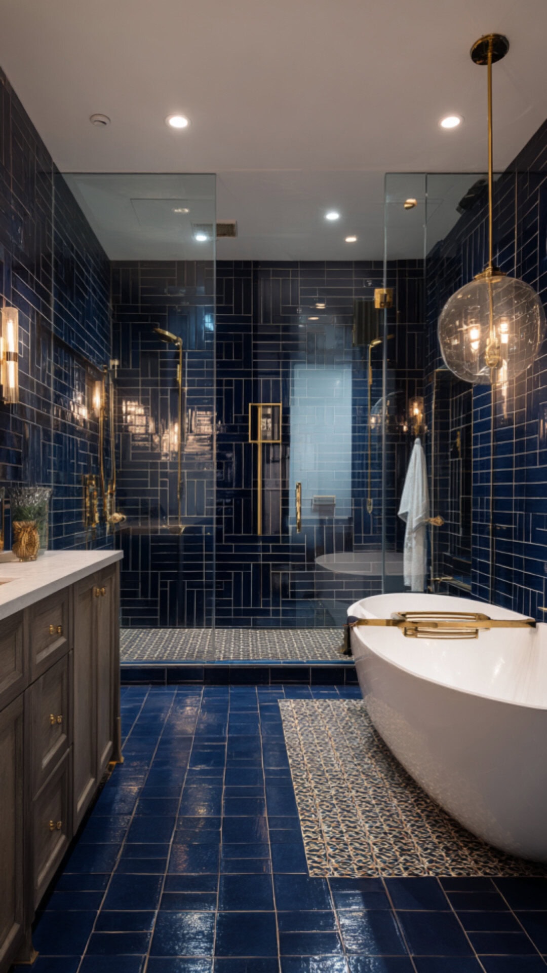 13. Navy Tiled Bathroom with Bold Sophistication
