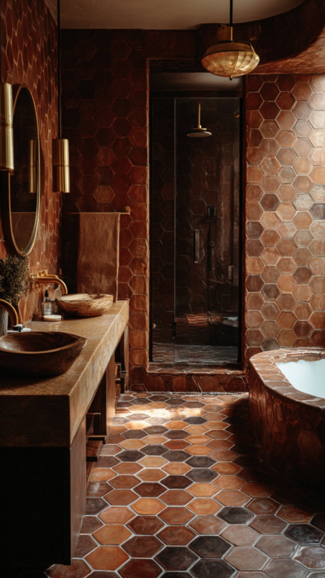 14. Terracotta Hexagon Tile Bathroom with Mediterranean Warmth