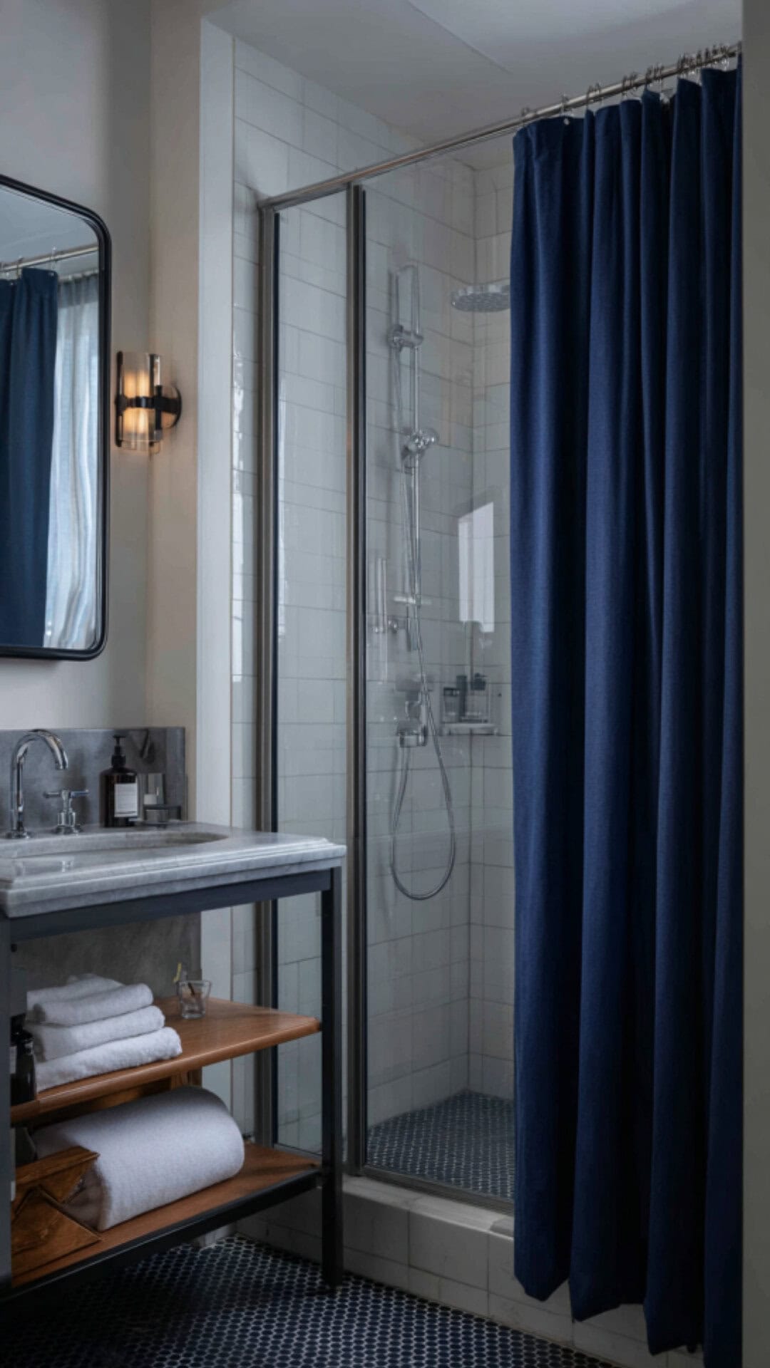 14. Navy Blue Shower Curtain Bathroom with Classic Depth