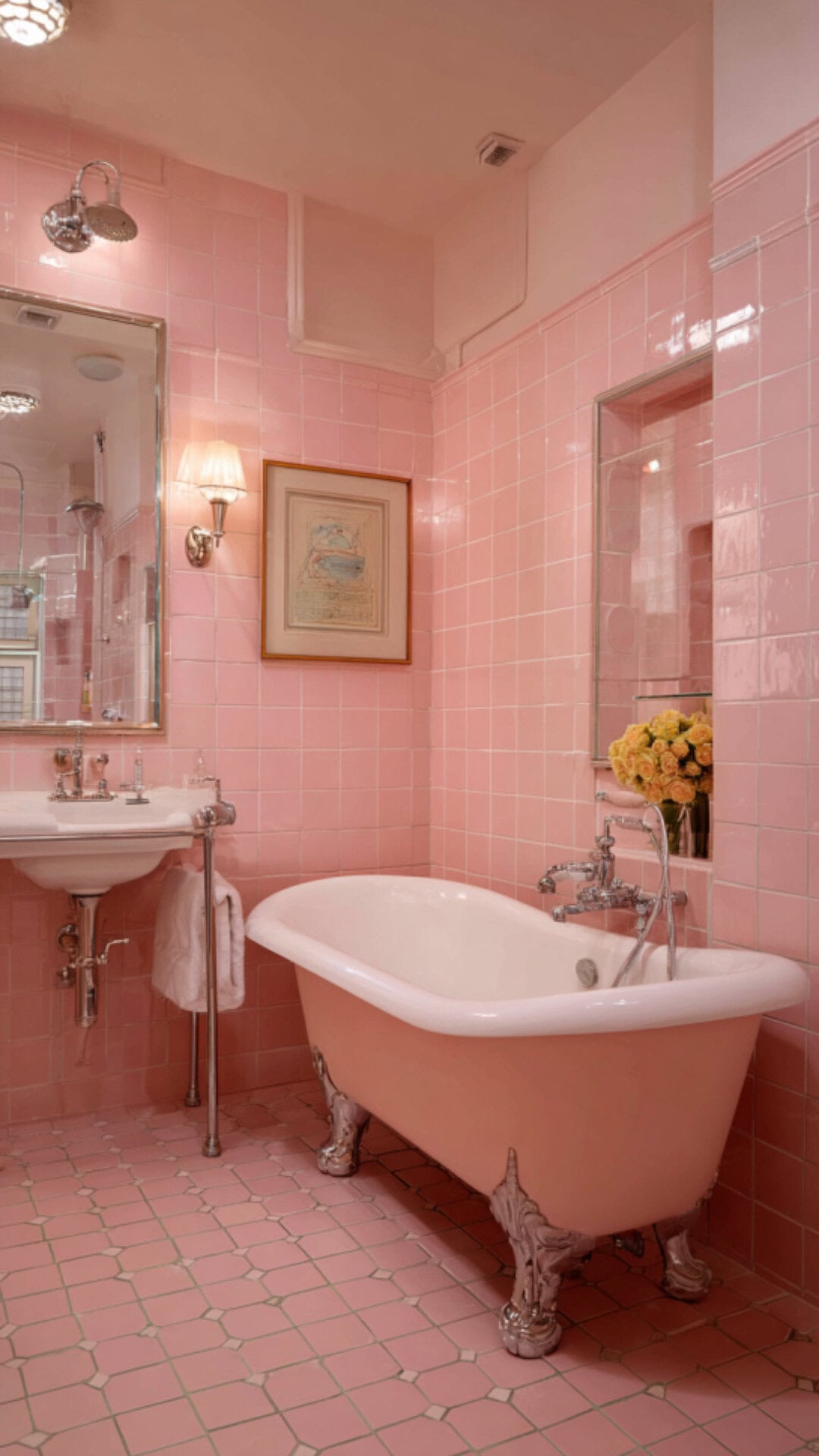 14. Pink Tiled Bathroom with Retro Charm