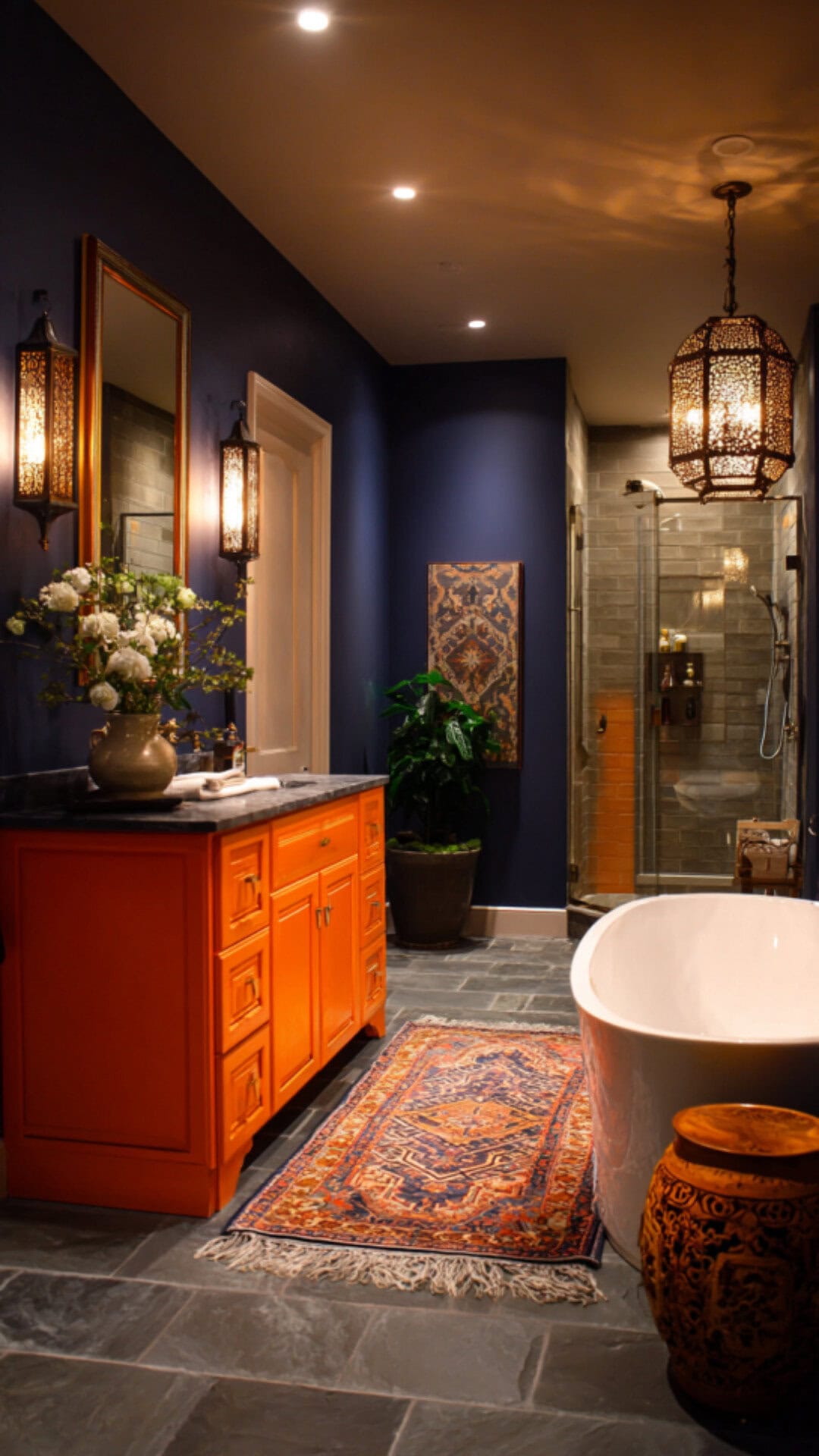 13. Navy Blue and Orange Bathroom with Bold Warmth