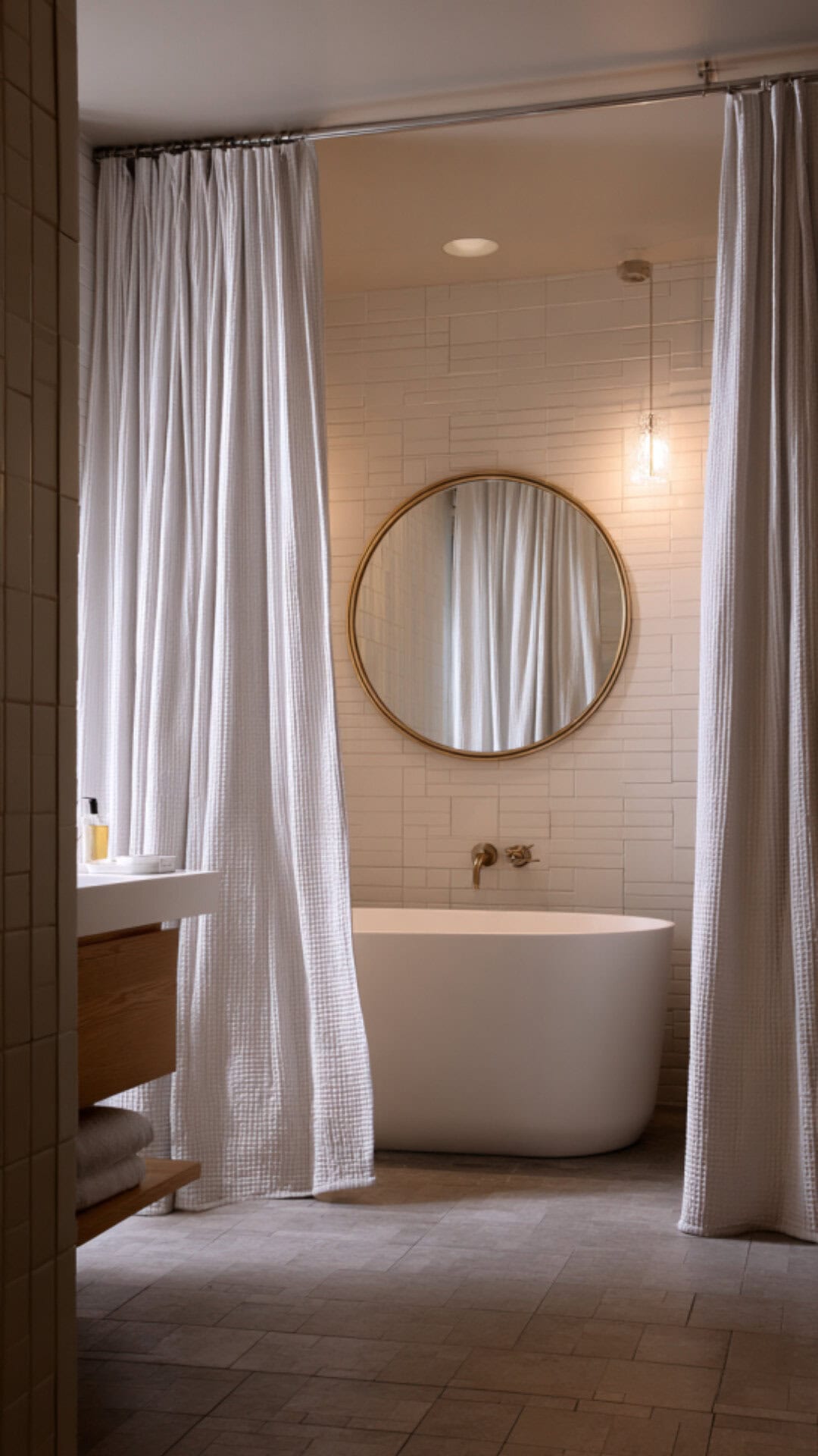 15. Waffle Shower Curtain Bathroom with Textured Minimalism