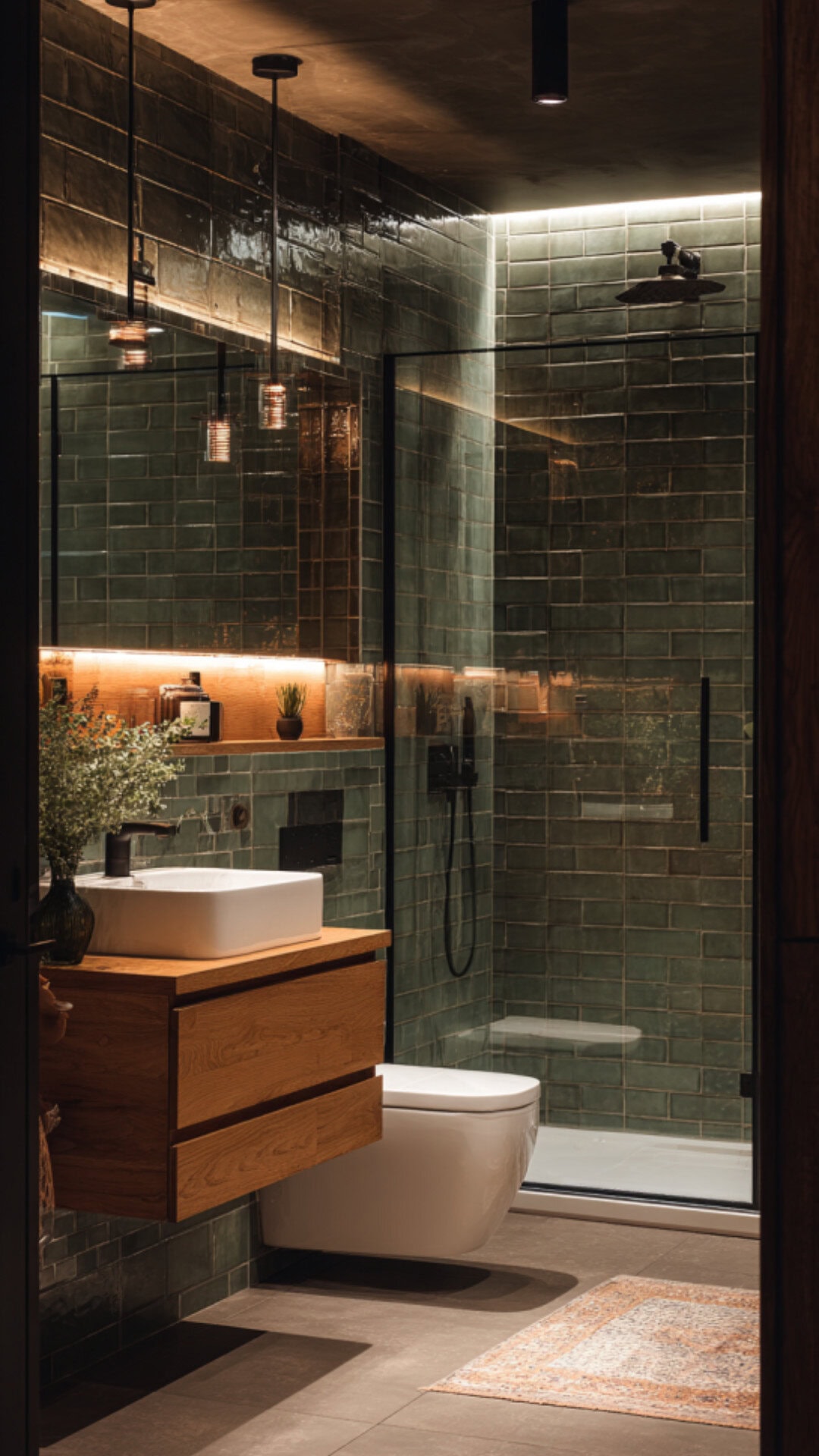 2. Green Subway Tile Bathroom