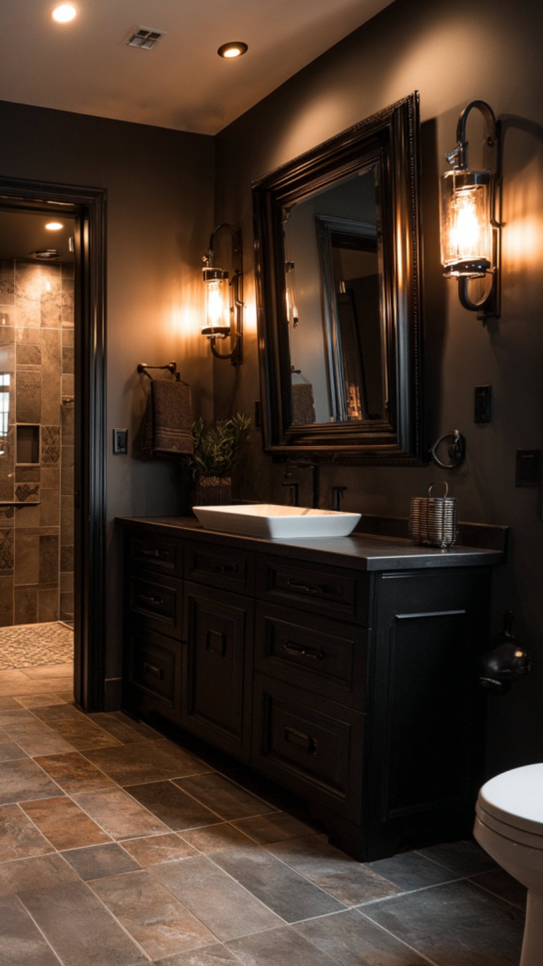 2. Black Accented Brown Bathroom