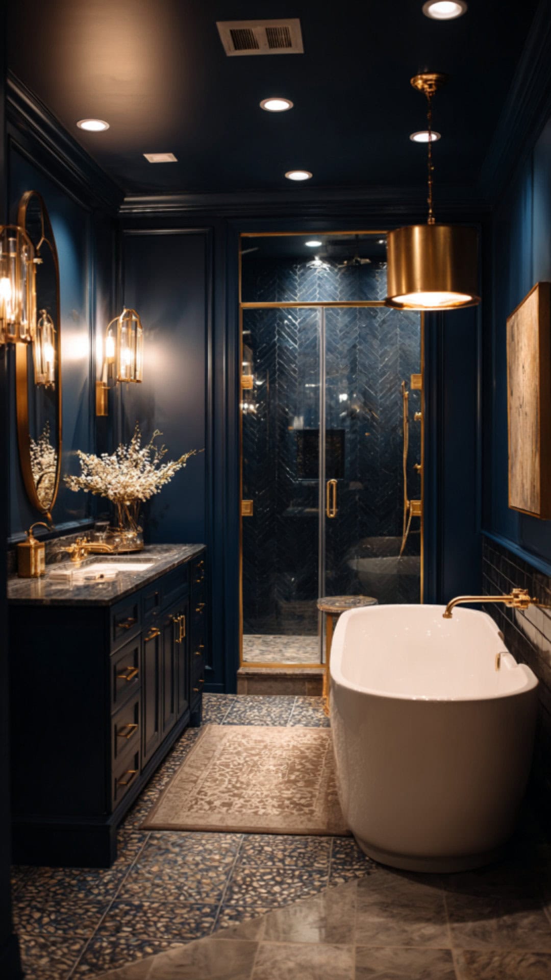 2. Navy Blue Bathroom with Gold Accents